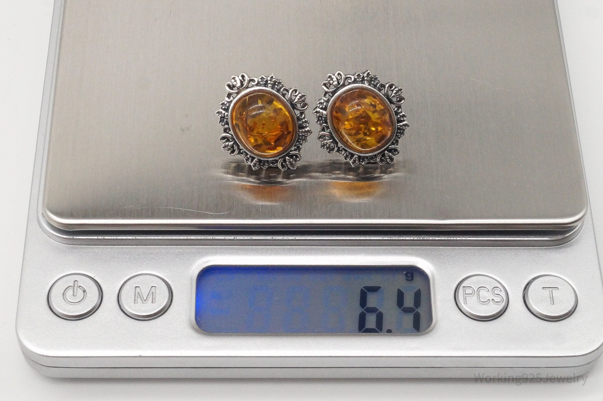 Vintage Amber Sterling Silver Earrings