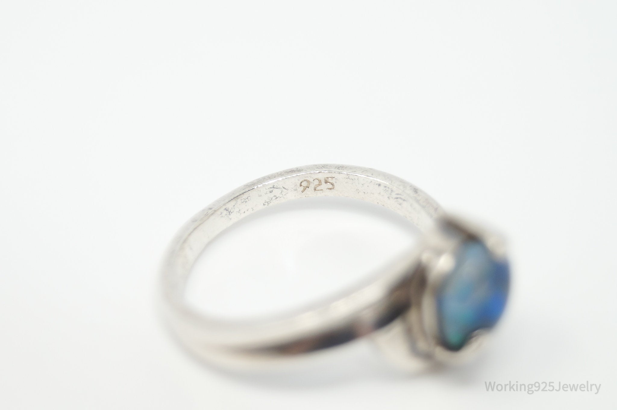 Vintage Blue Fire Opal Sterling Silver Ring - Size 5.75