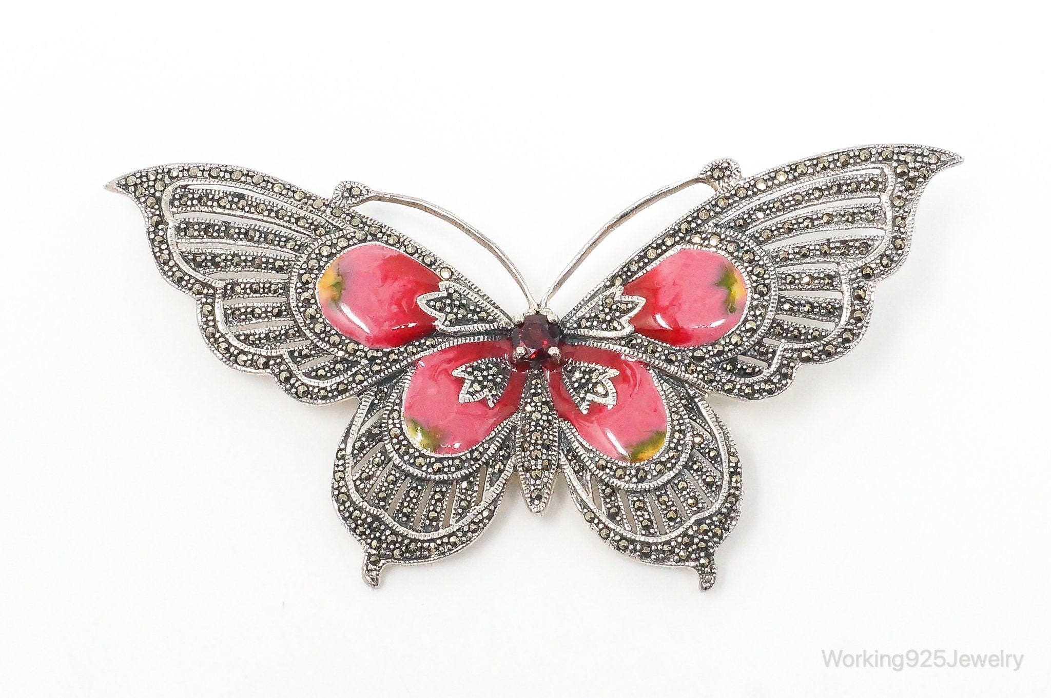 Big Vintage Garnet Marcasite Enamel Butterfly Sterling Brooch Pin