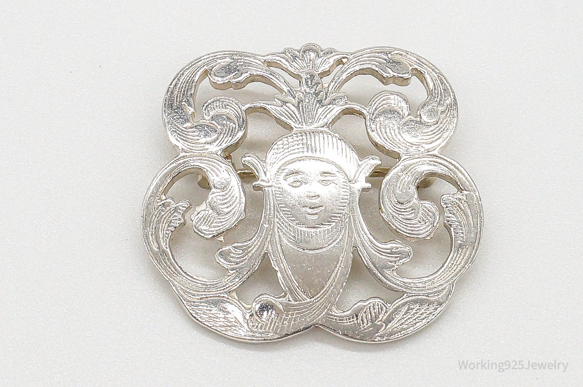 Vintage Designer IC Goddess Etched Sterling Silver Brooch/Pendant