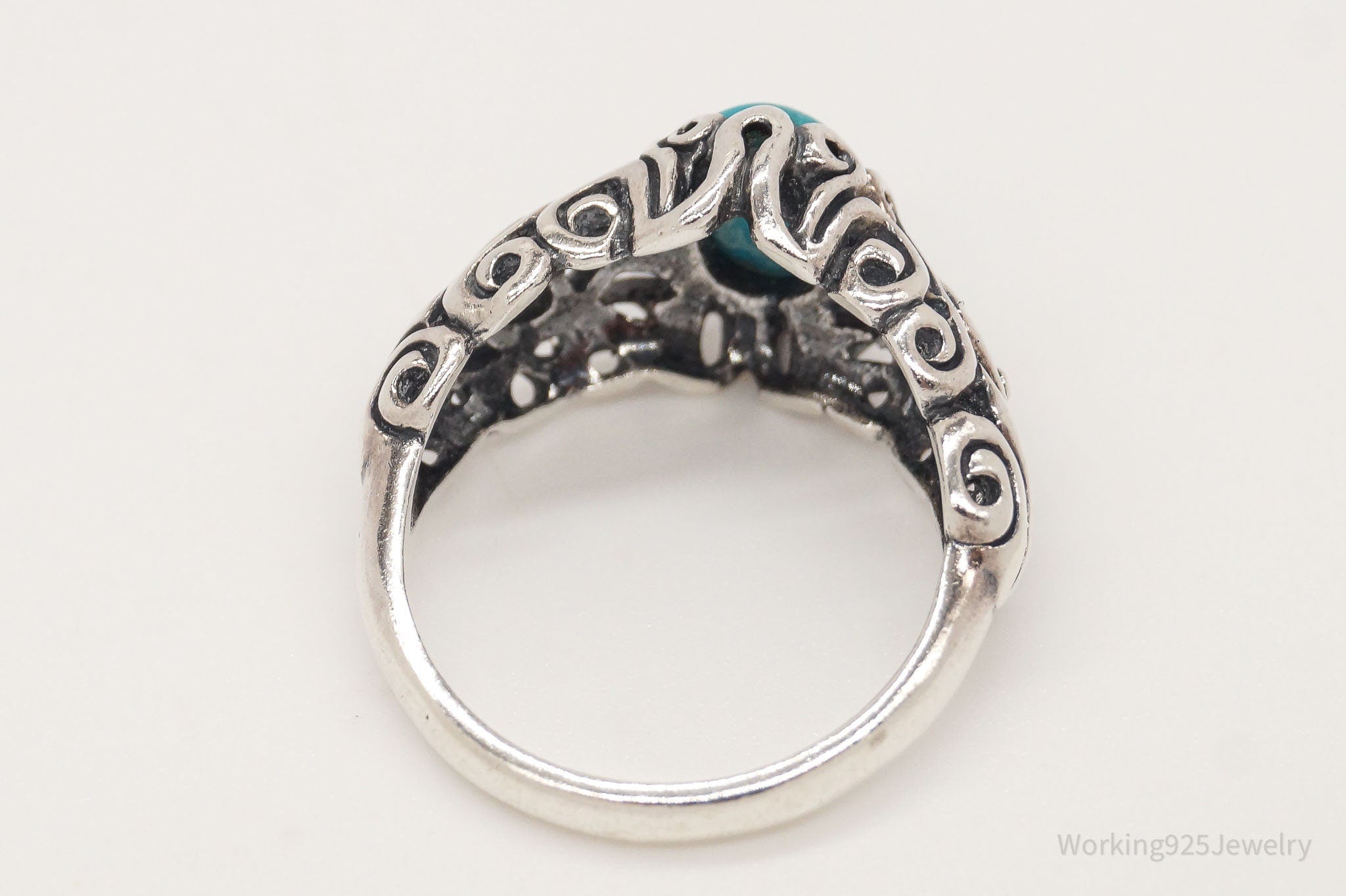 Vintage Blue Turquoise Scroll Swirl Sterling Silver Ring - Size 5