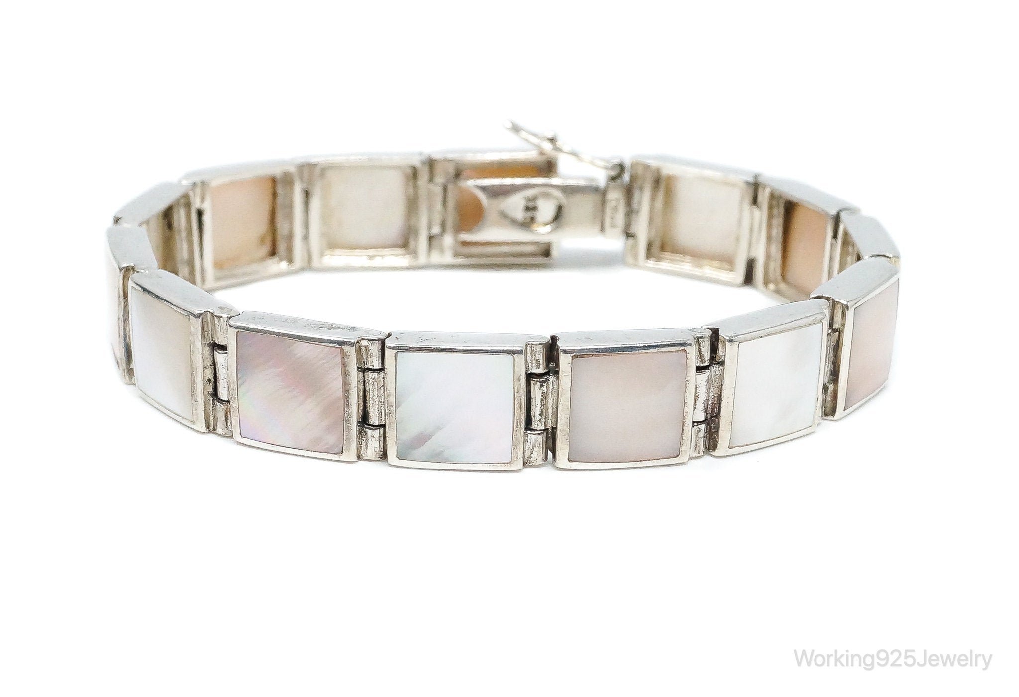 Vintage Designer FAS Mother Of Pearl Sterling Silver Panel Bracelet