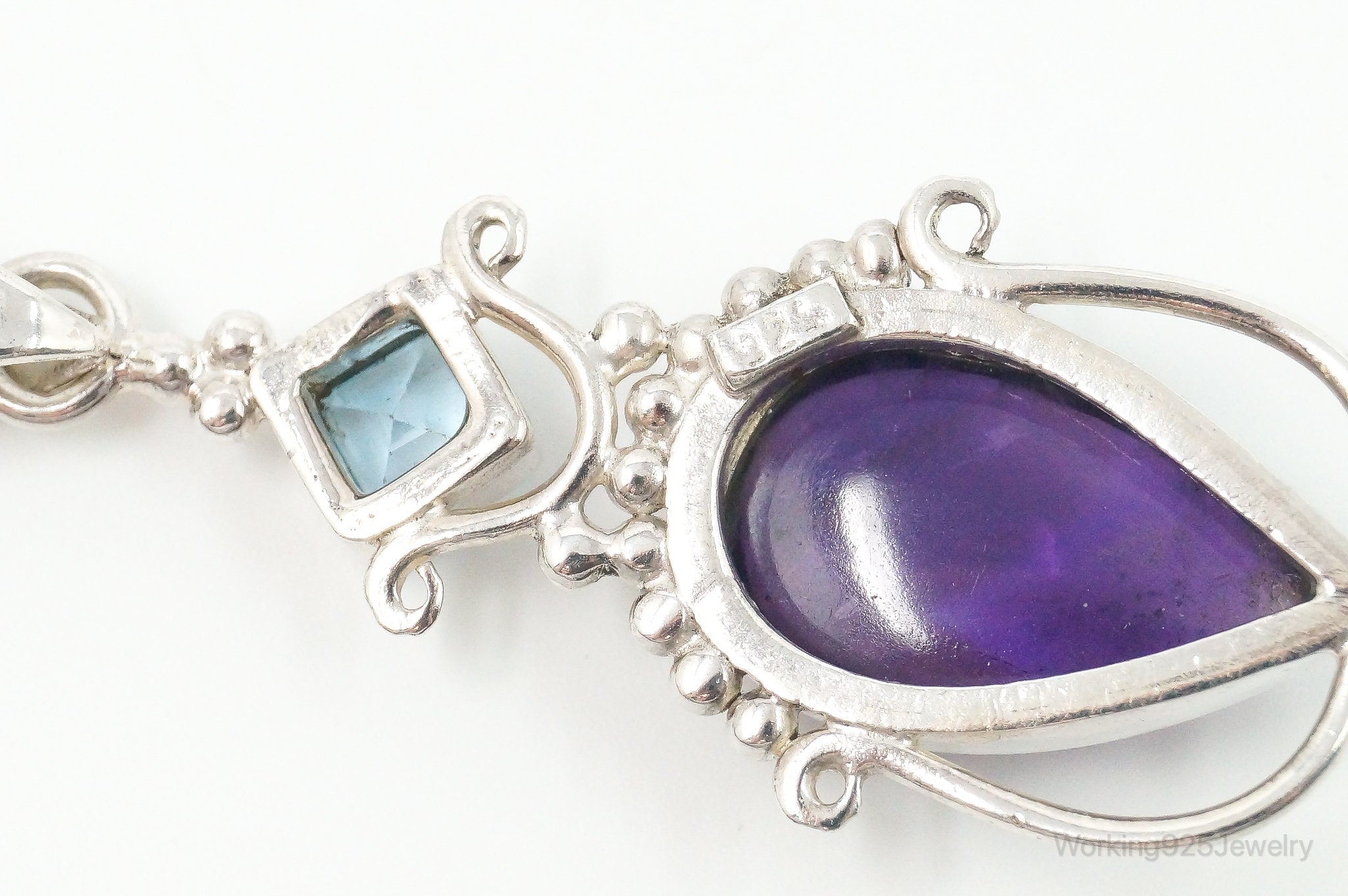 Large Vintage Blue Topaz Amethyst Sterling Silver Pendant