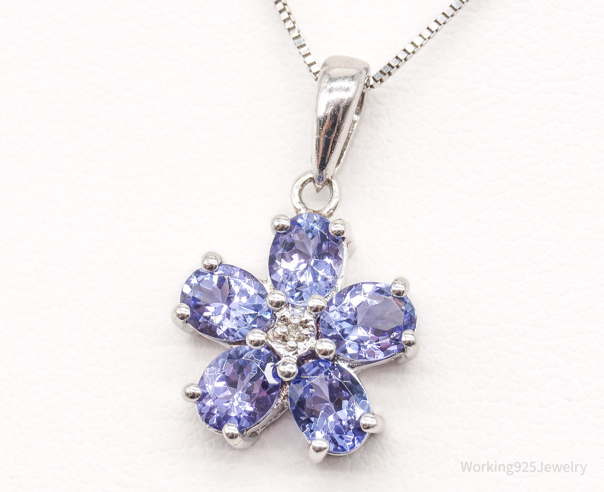 Vintage Designer SAI Iolite Single Diamond Sterling Silver Flower Necklace