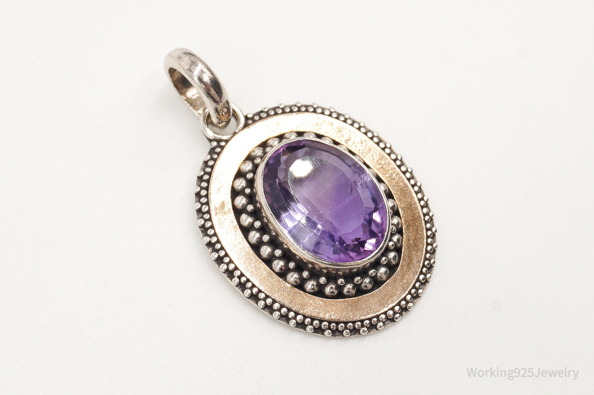 Large Vintage Amethyst Two Tone Sterling Silver Pendant