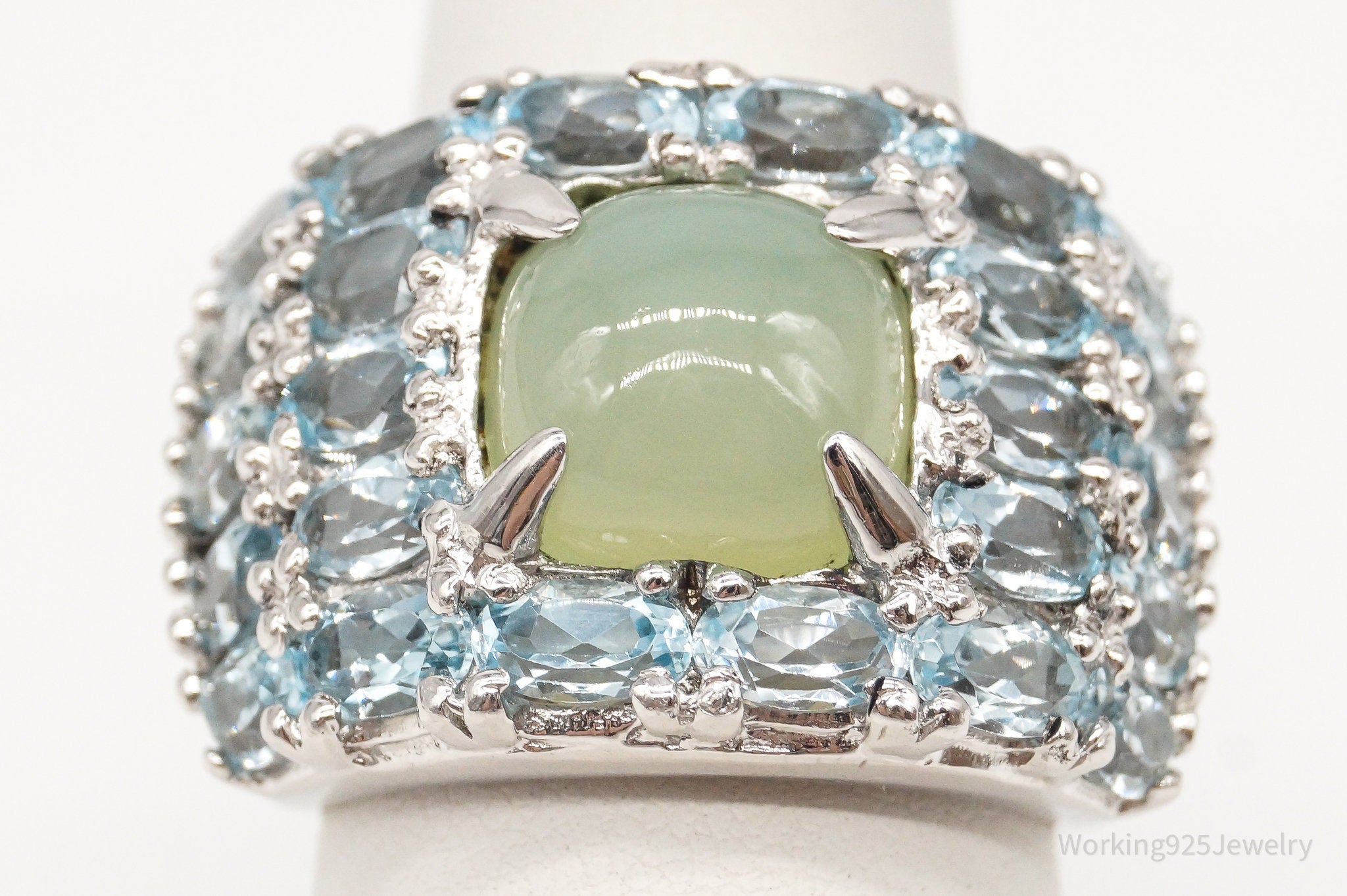 Vintage Green Chalcedony Blue Topaz Sterling Silver Ring - Size 7