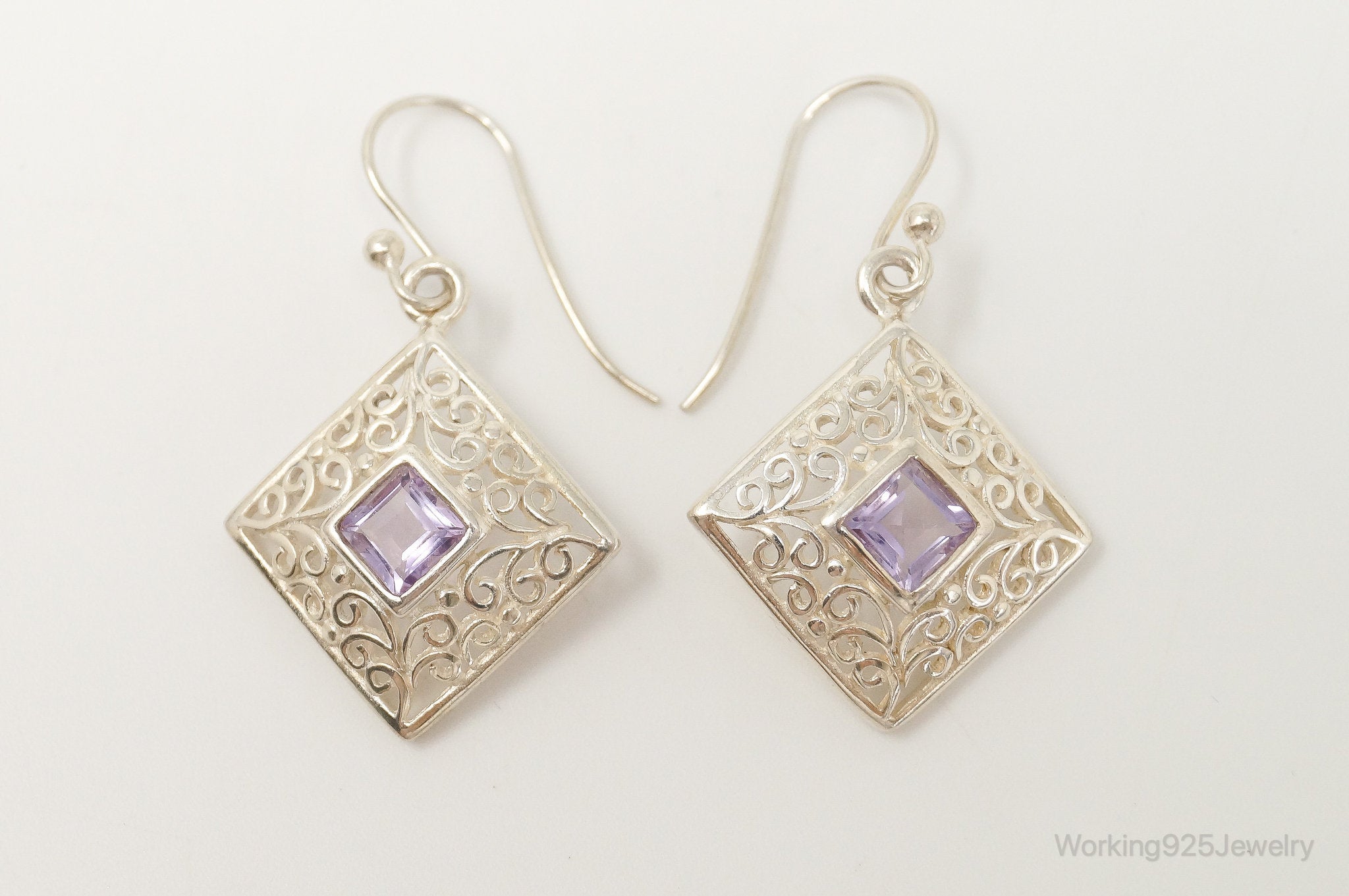 Vintage Amethyst Bali Style Dangle Sterling Silver Earrings