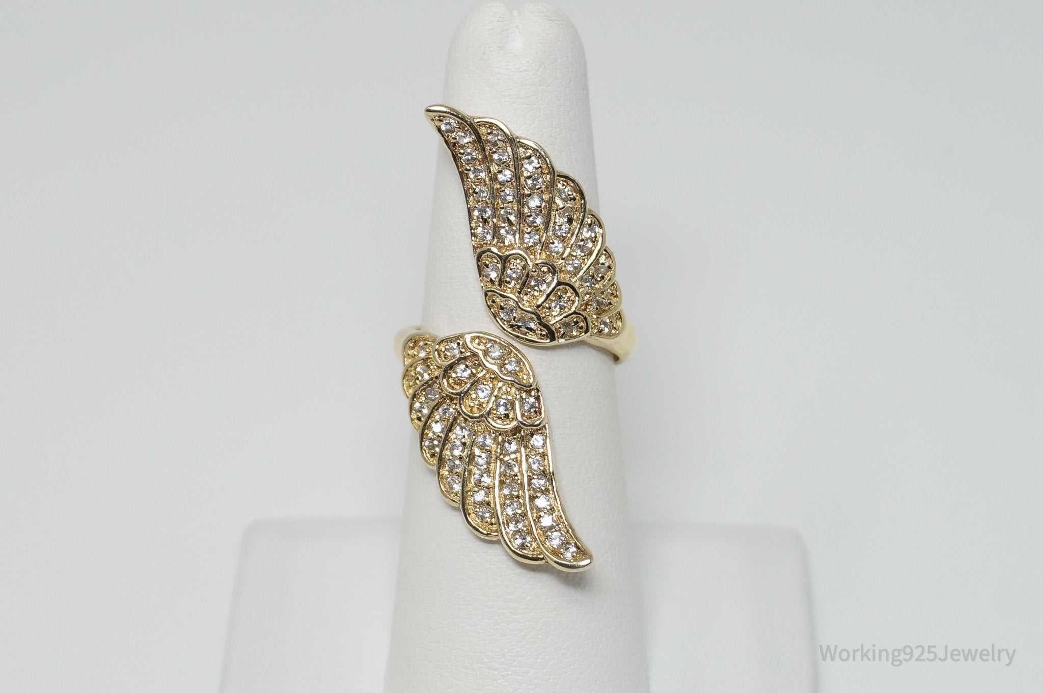 Vintage Designer GSJ CZ Gold Vermeil Wings Sterling Silver Ring - Sz 6.5