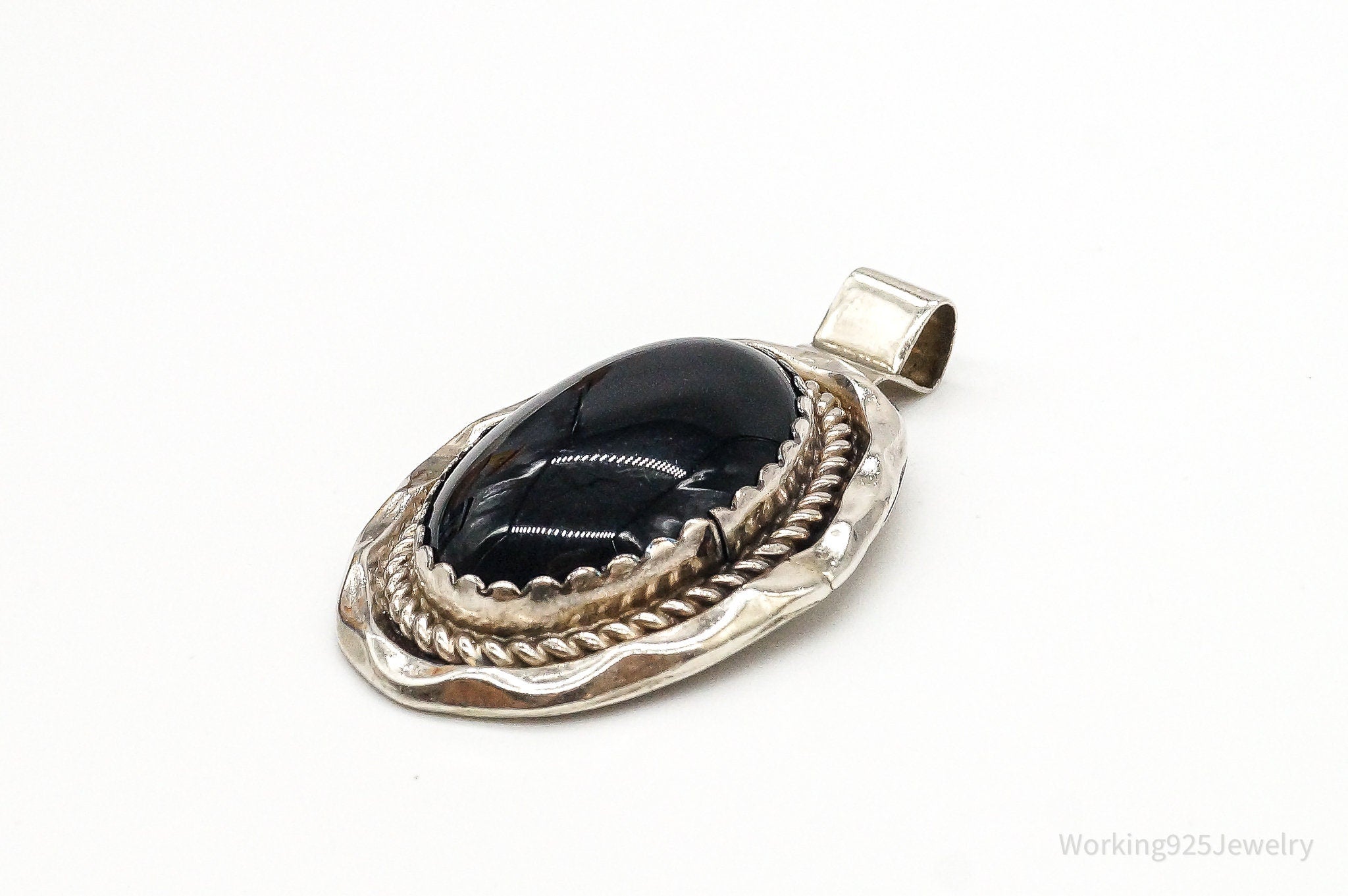 Large Vintage Native American Black Onyx Sterling Silver Pendant