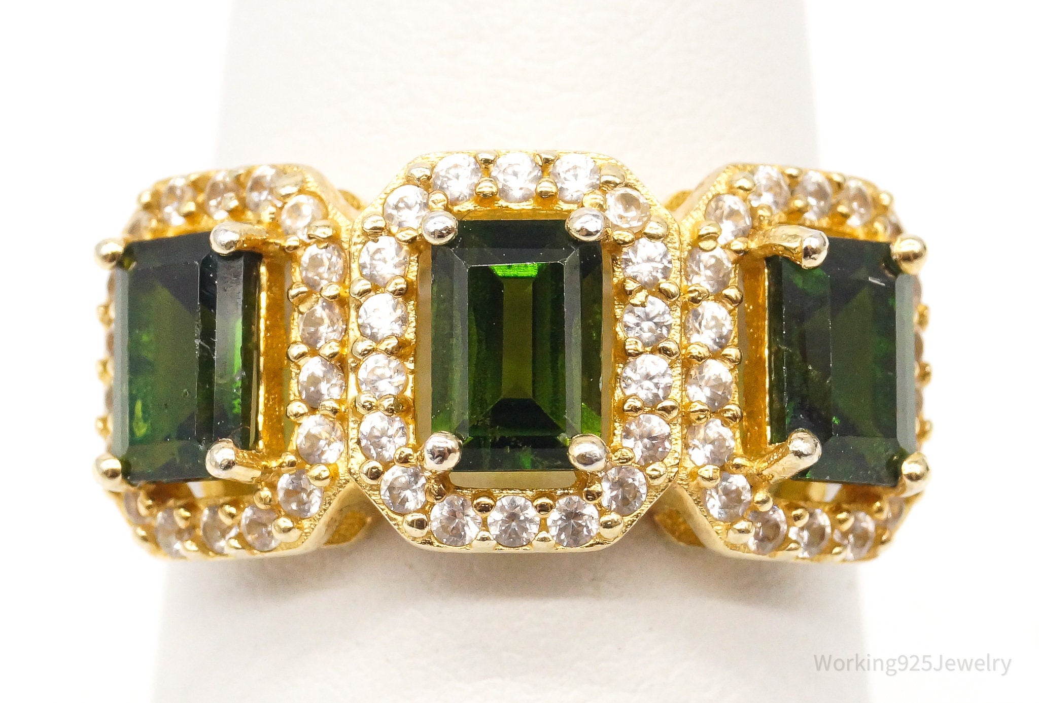 Designer Peridot Cubic Zirconia Gold Vermeil Sterling Silver Ring - Size 7