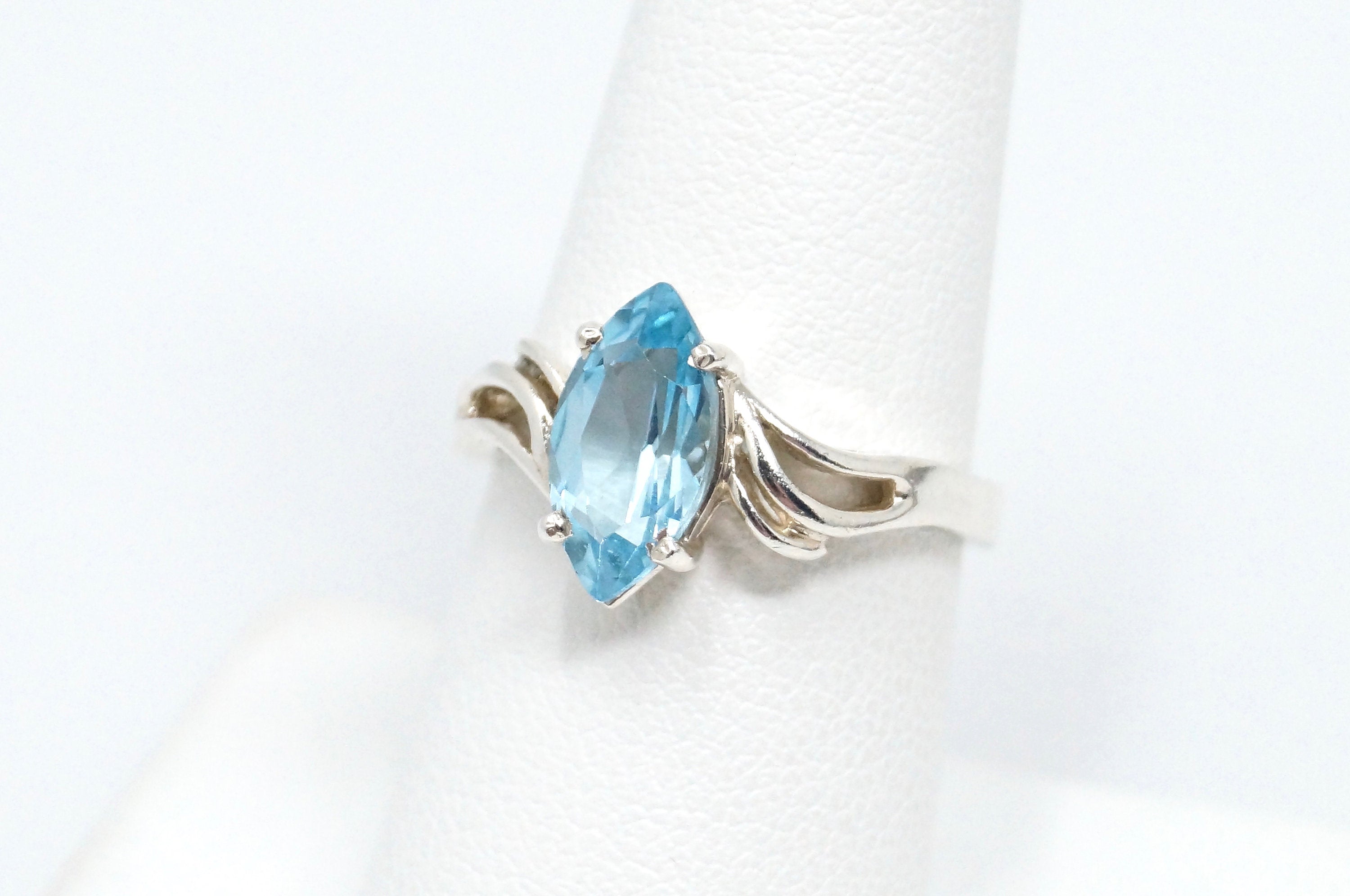 Vintage Art Deco Style Blue Topaz Sterling Silver Ring - Size 7.75