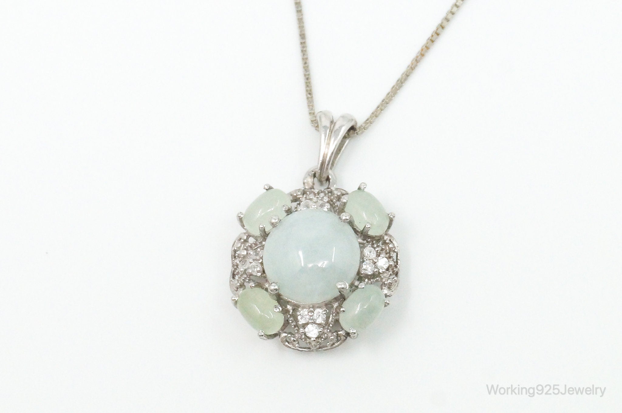 Vintage Jade Prehnite Cubic Zirconia Sterling Silver Necklace