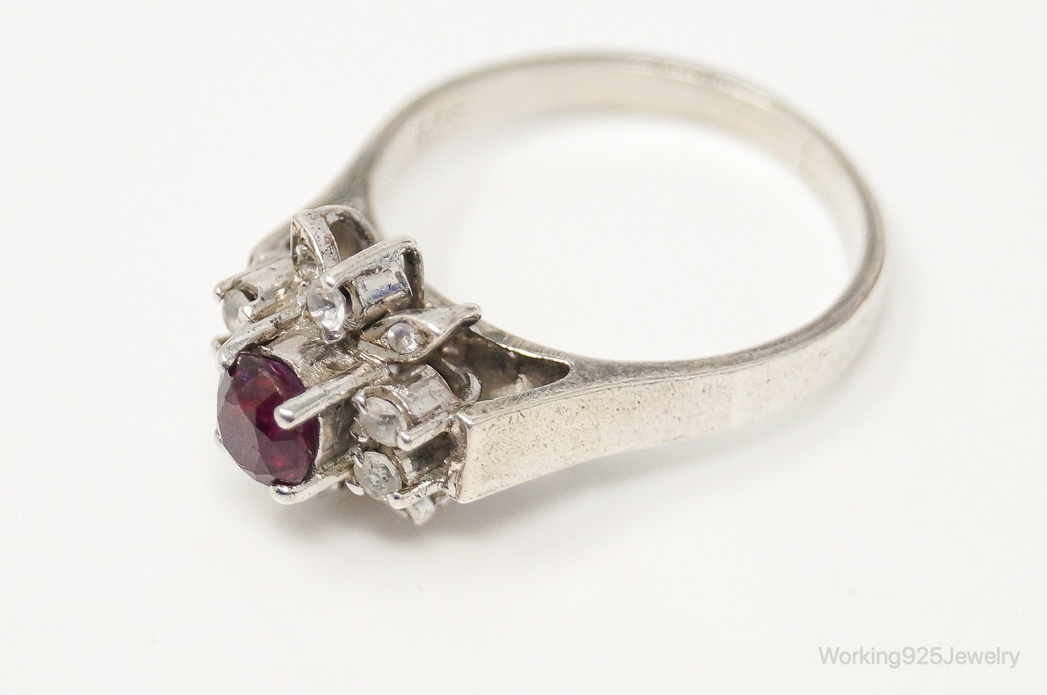 Vintage Art Deco Ruby Cubic Zirconia Sterling Silver Ring - Size 7.75