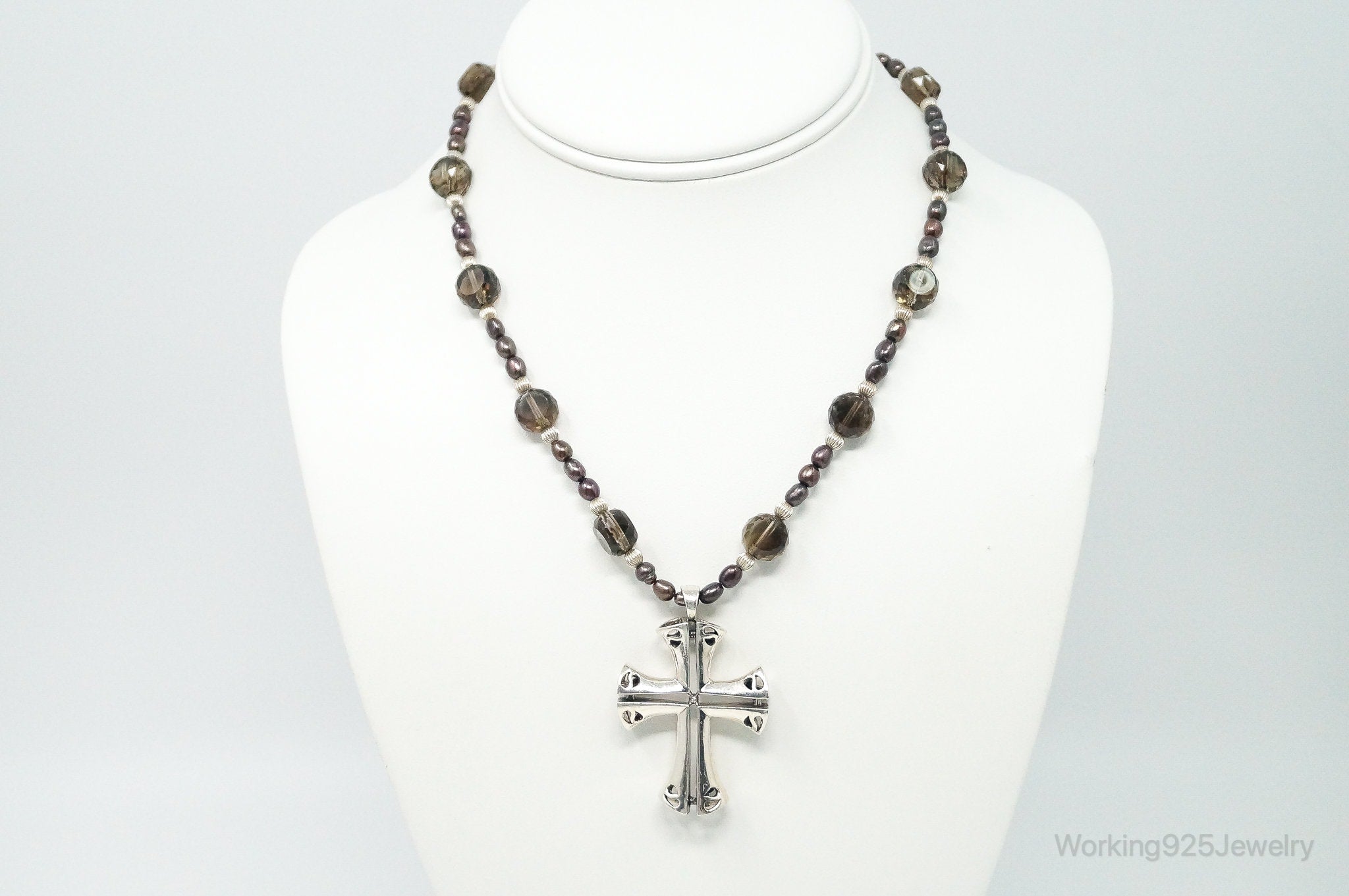 Designer Large Cross Smoky Topaz Pearl Sterling Silver Necklace