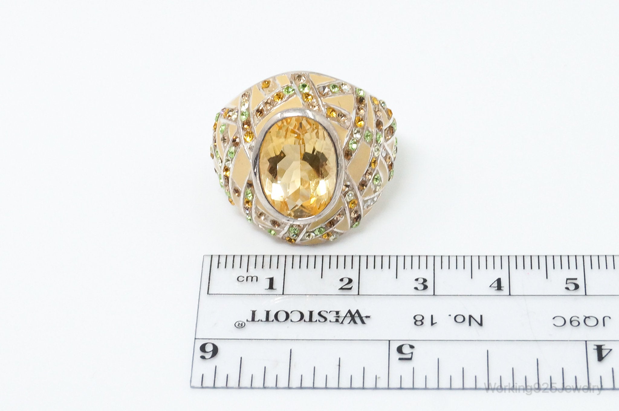 Vintage Designer Citrine Crystal Accented Sterling Silver Statement Ring SZ 10