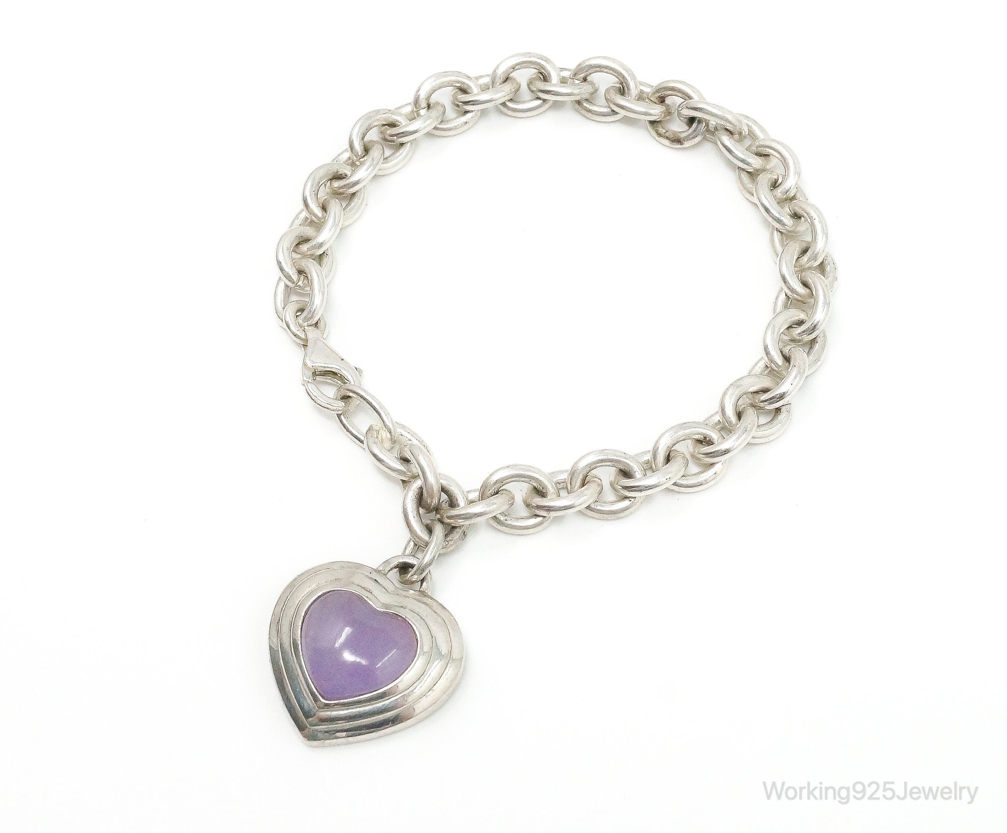 Designer CNA Lavender Jade Heart Chain Link Sterling Silver Bracelet