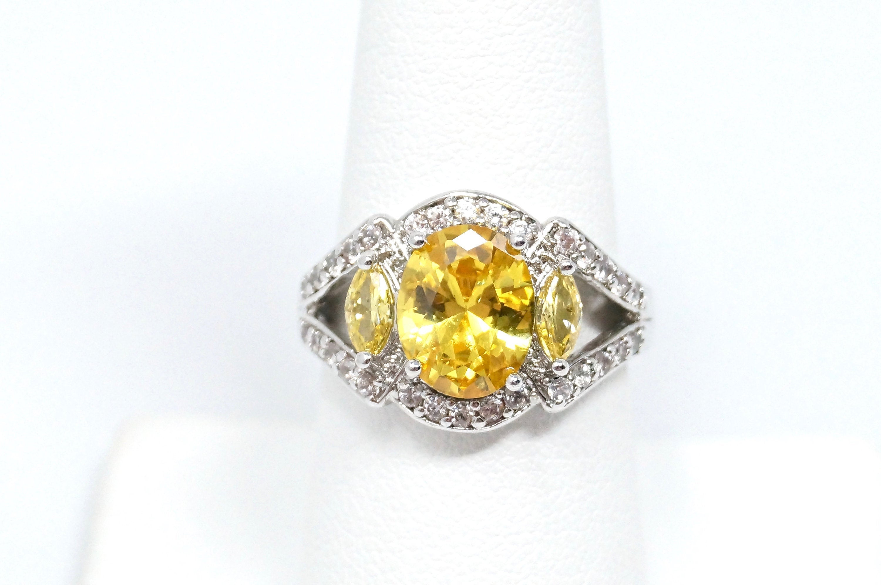 Art Deco Vintage Large Citrine Cz Accented Statement Ring Sterling Silver Sz 8