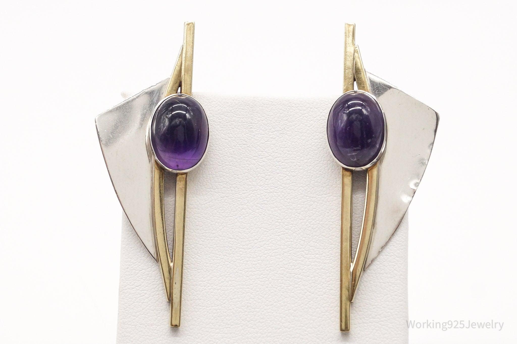 Large Vintage Modernist AJV Amethyst Brass Sterling Silver Earrings