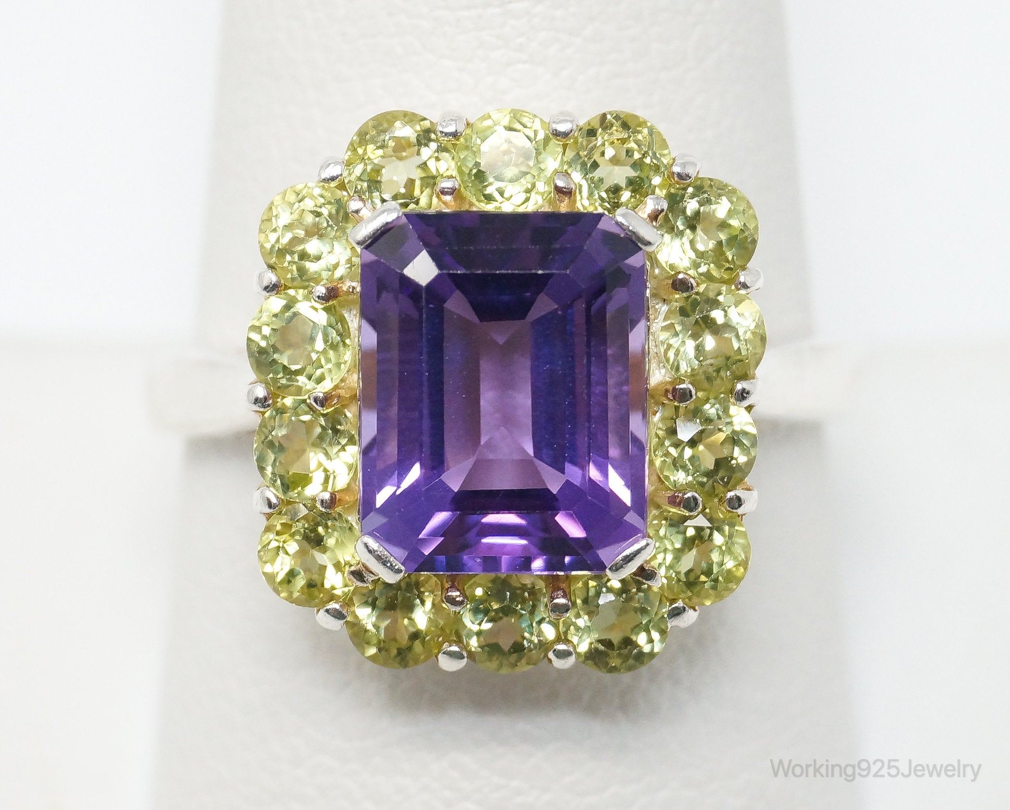 Vintage Designer Amethyst Peridot Sterling Silver Statement Ring - Size 9.75