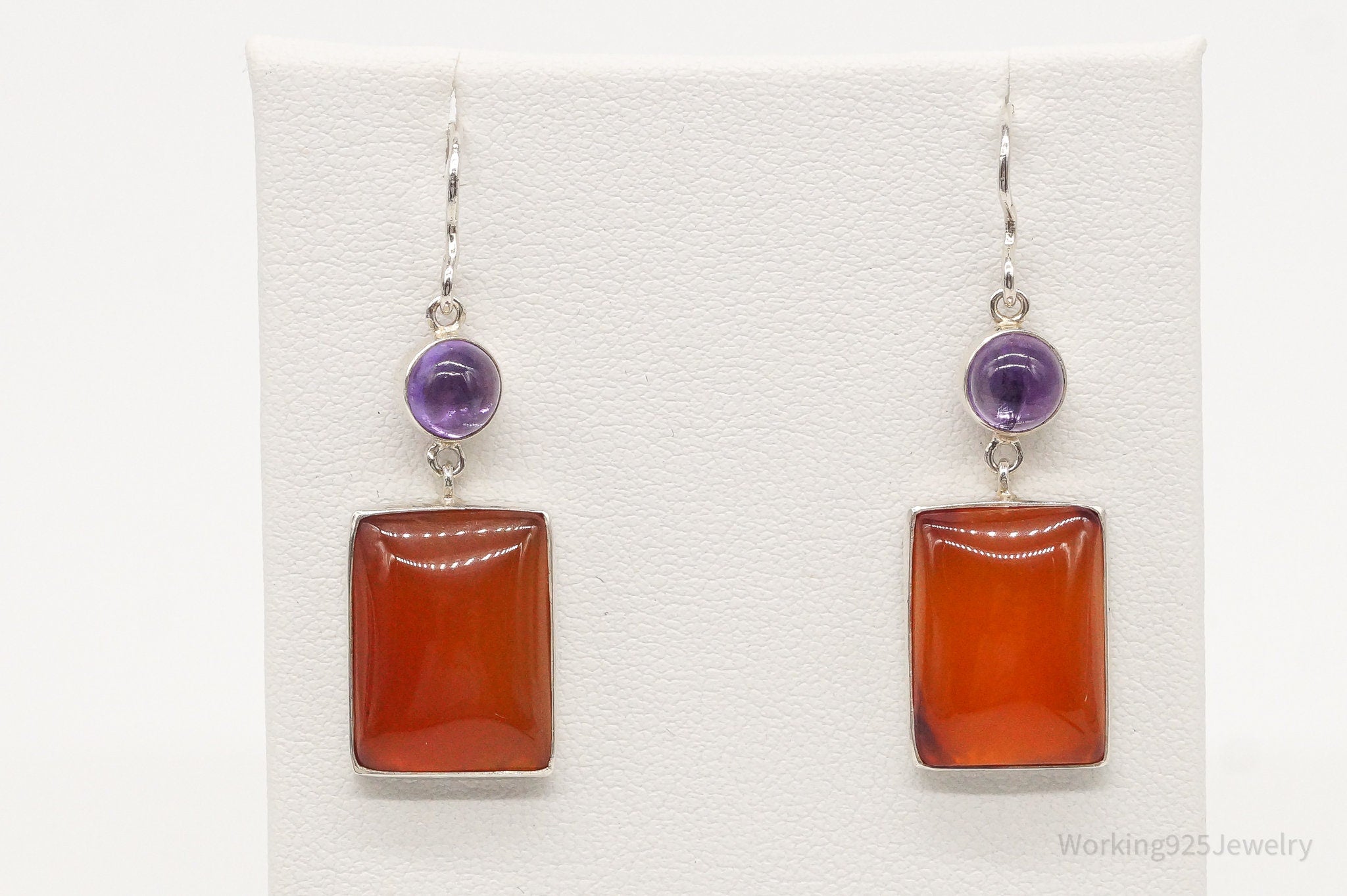 Vintage Carnelian Amethyst Sterling Silver Dangle Earrings