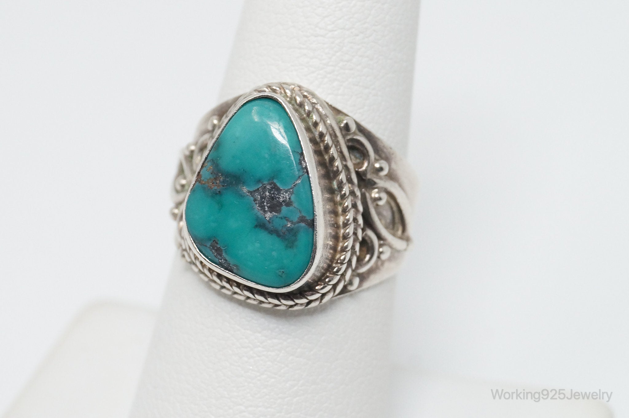 Vintage Bali Style Turquoise Filigree Sterling Silver Ring - Size 7.25