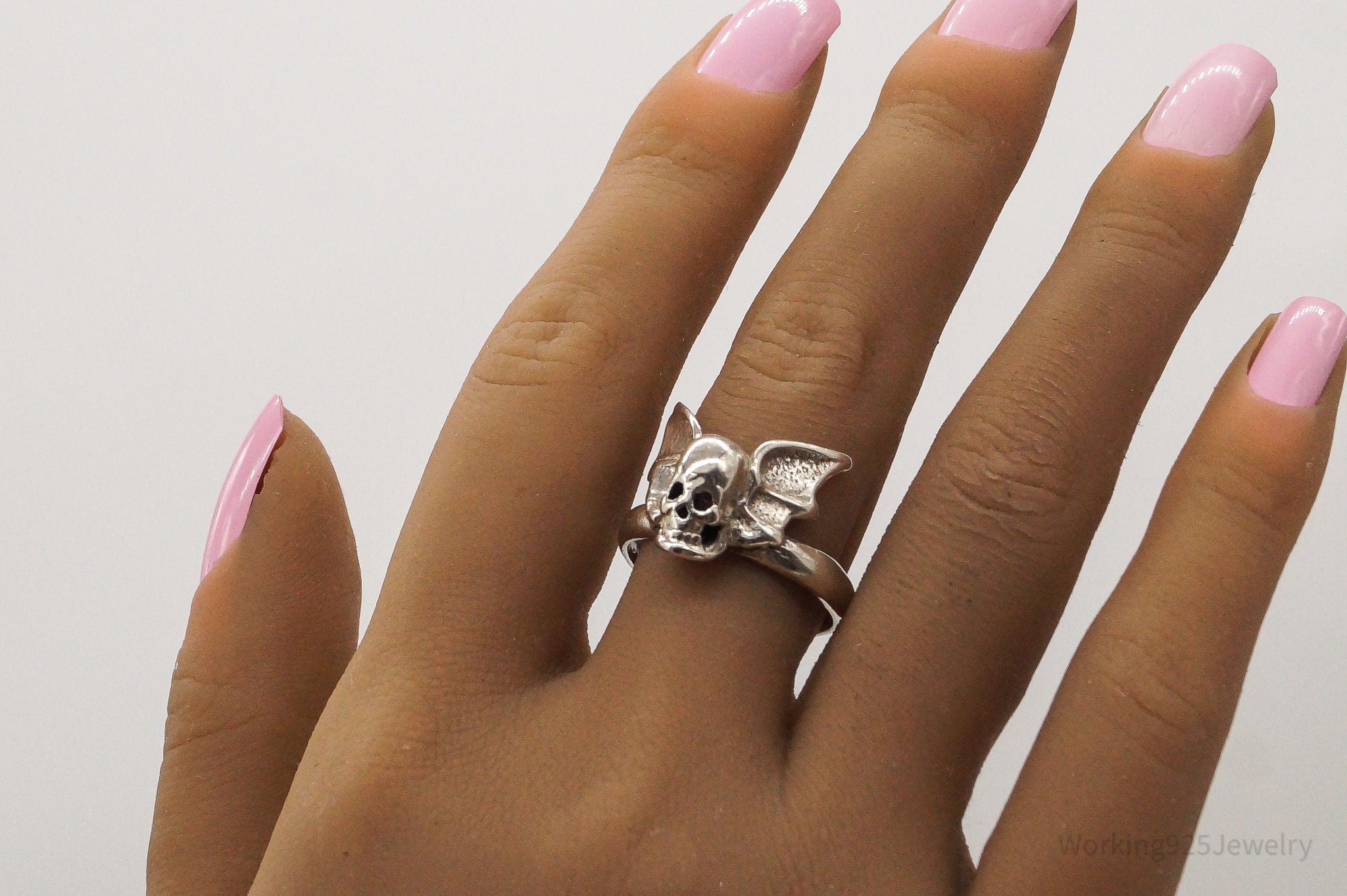 Vintage Flying Skull Sterling Silver Ring - Size 9