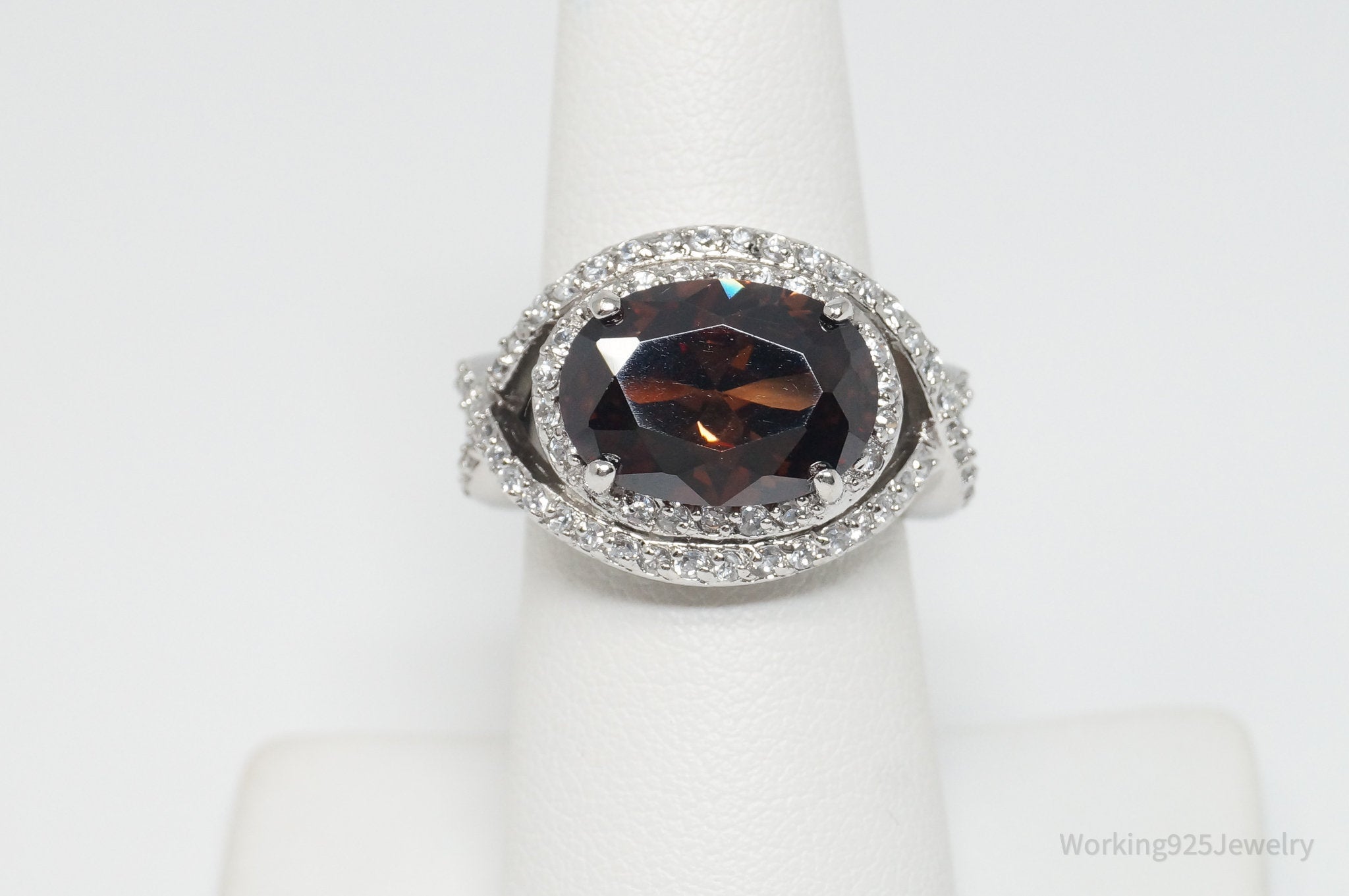 Vintage Designer Large Smoky Topaz CZ Sterling Silver Ring - Sz 7