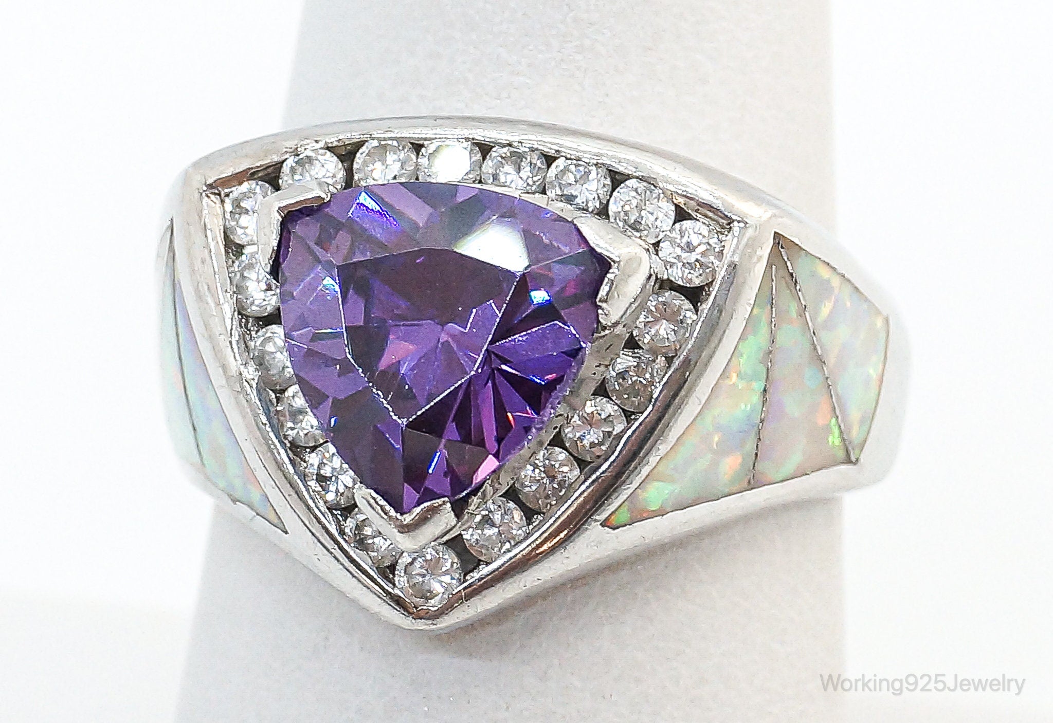 Art Deco Amethyst Opal Cubic Zirconia Sterling Silver Ring - Size 7.5