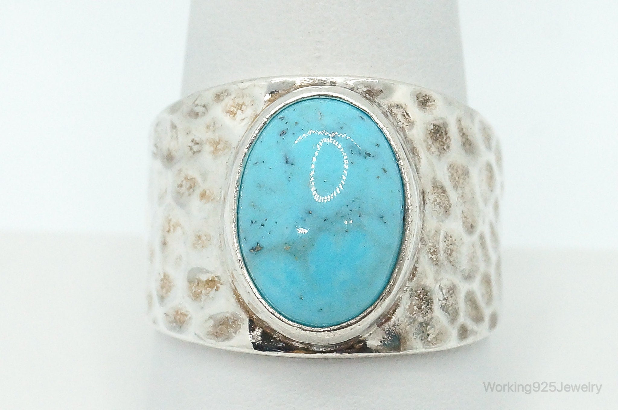 Large Turquoise Hammered Style Sterling Silver Ring - Size 9.75