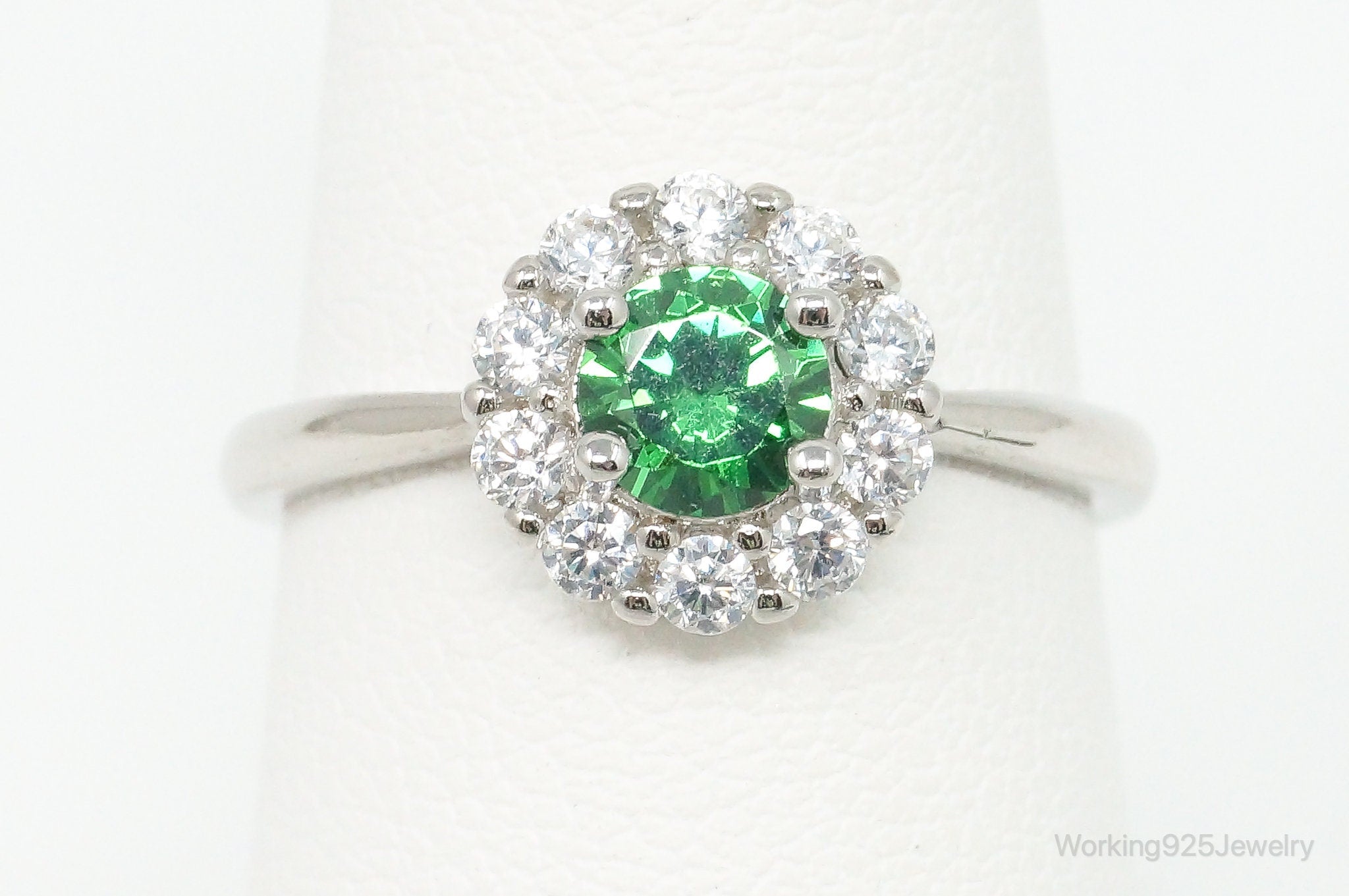 Green & White Cubic Zirconia Sterling Silver Ring - Size 6.75