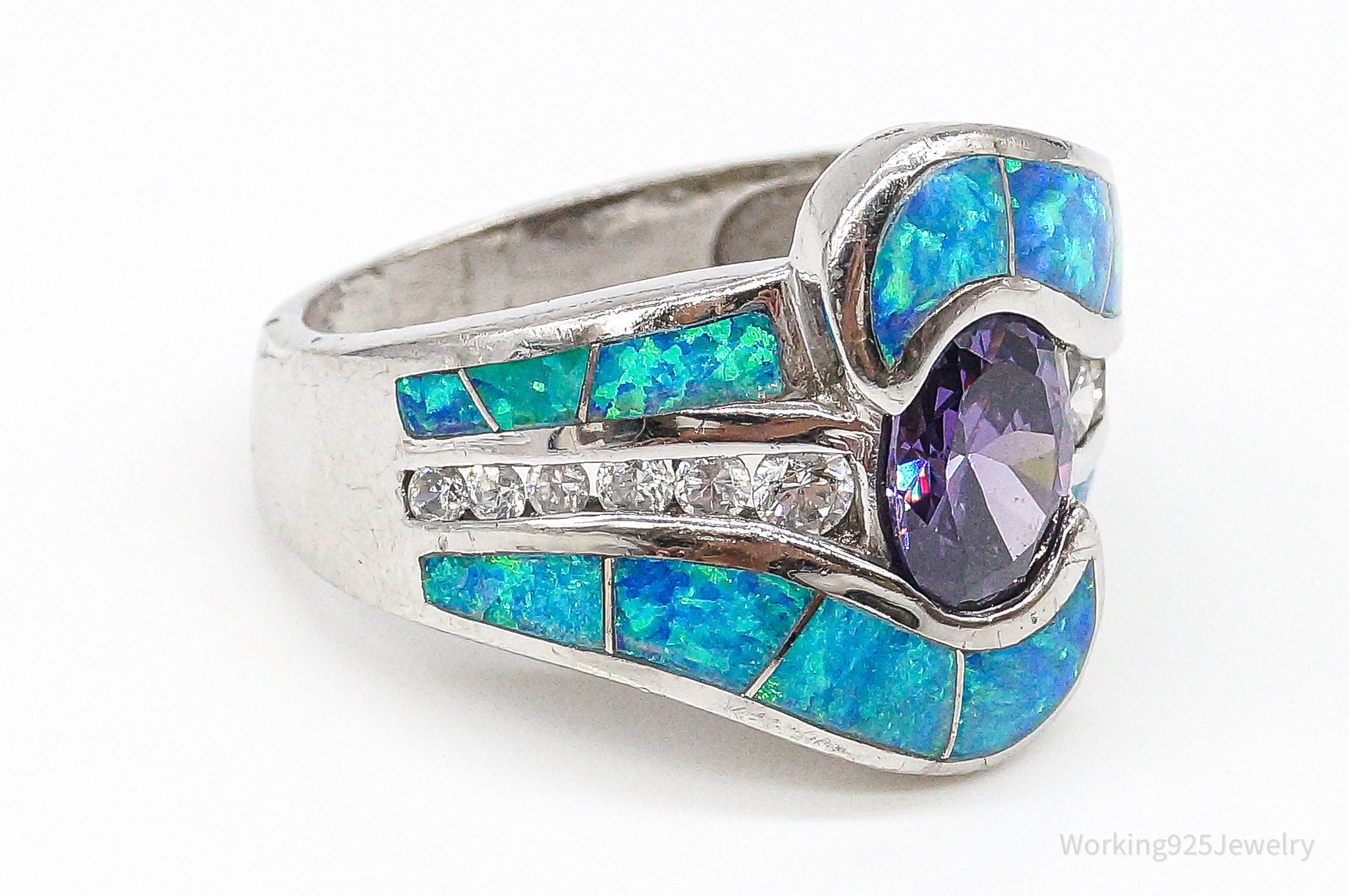 Amethyst Opal Cubic Zirconia Sterling Silver Ring - Size 10.5