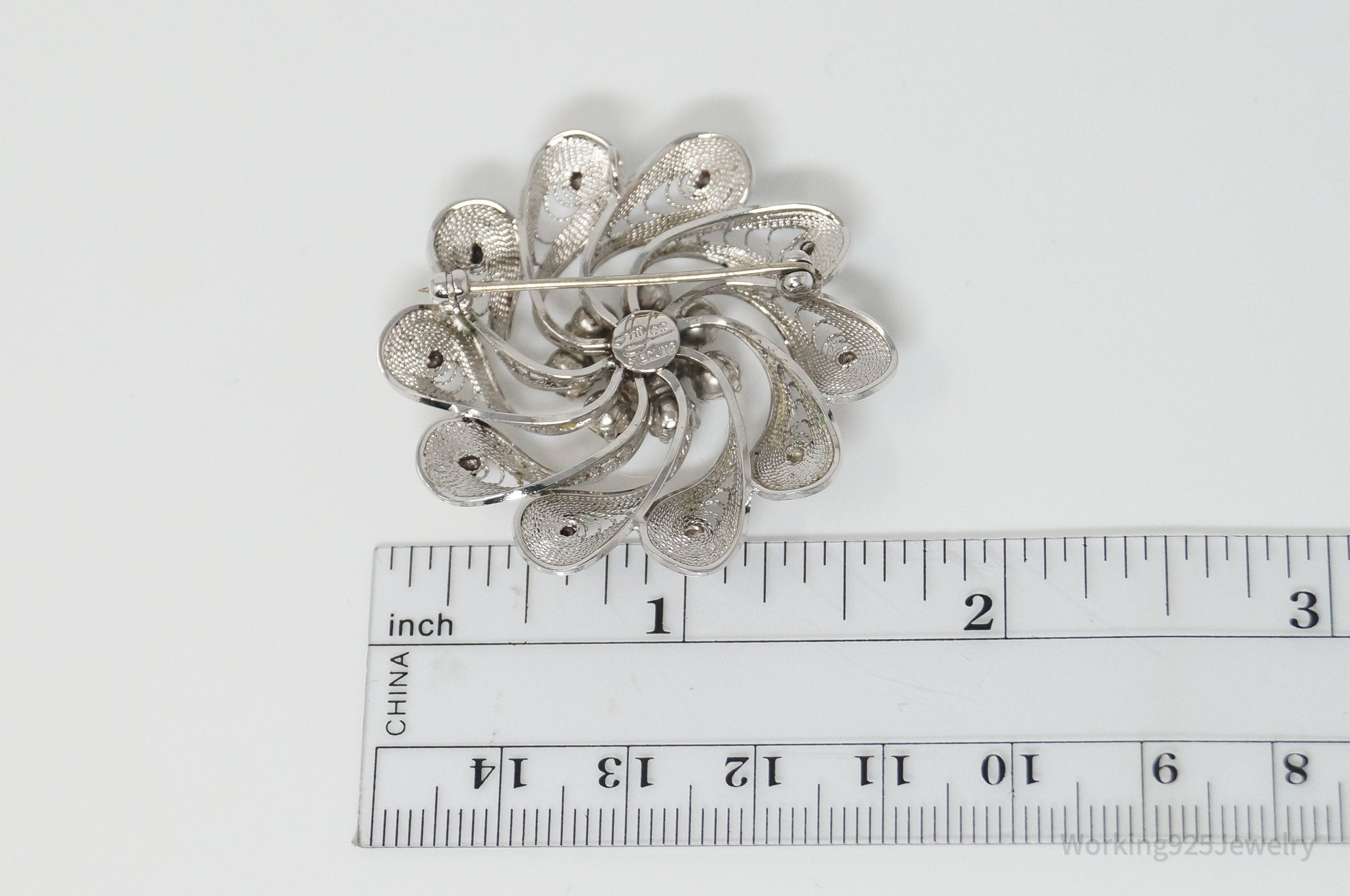 Vintage Designer Ann Lee Rhinestone Floral Filigree Sterling Silver Brooch