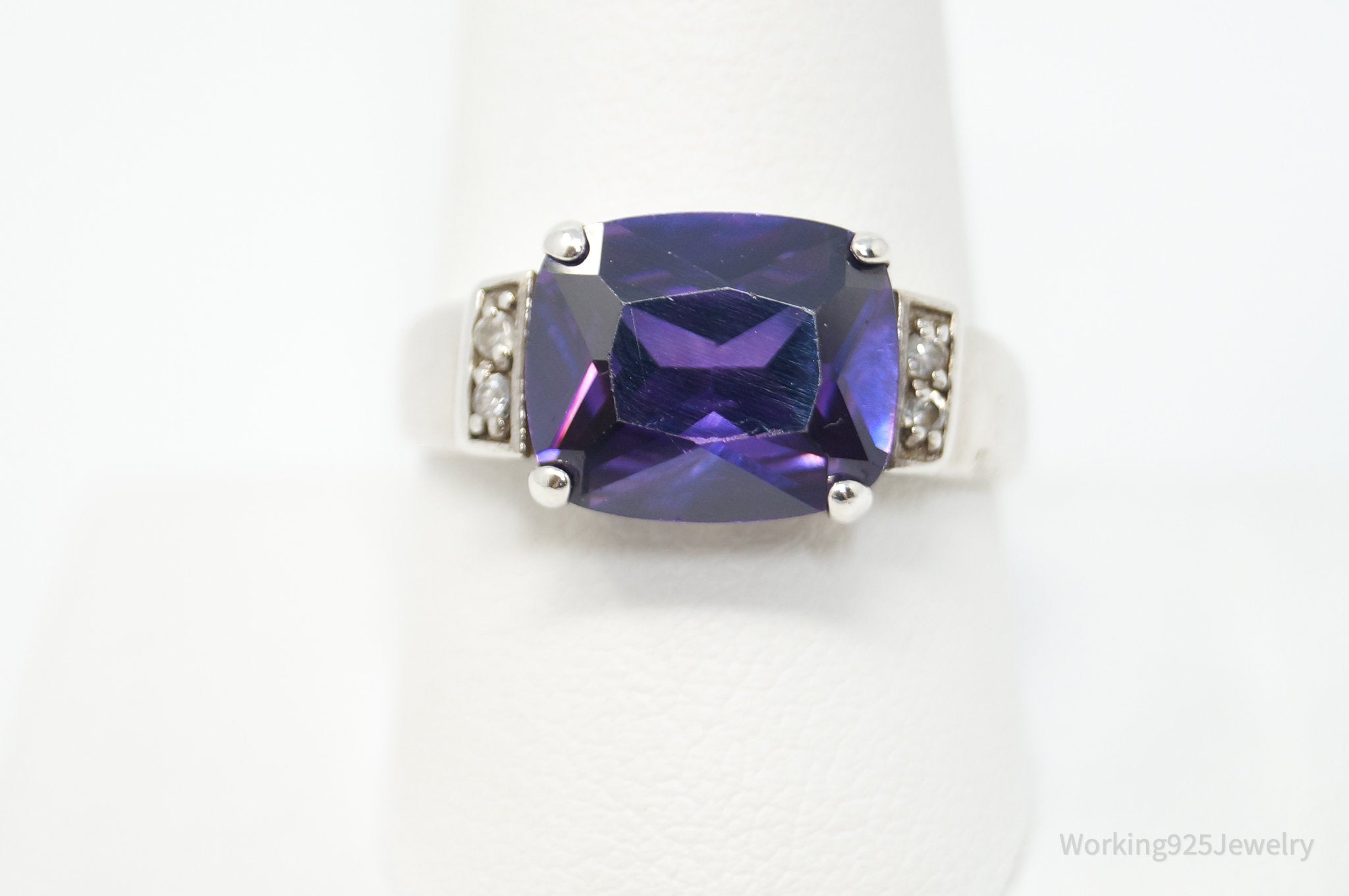 Vintage Art Deco Amethyst CZ Sterling Silver Statement Ring - Sz 10