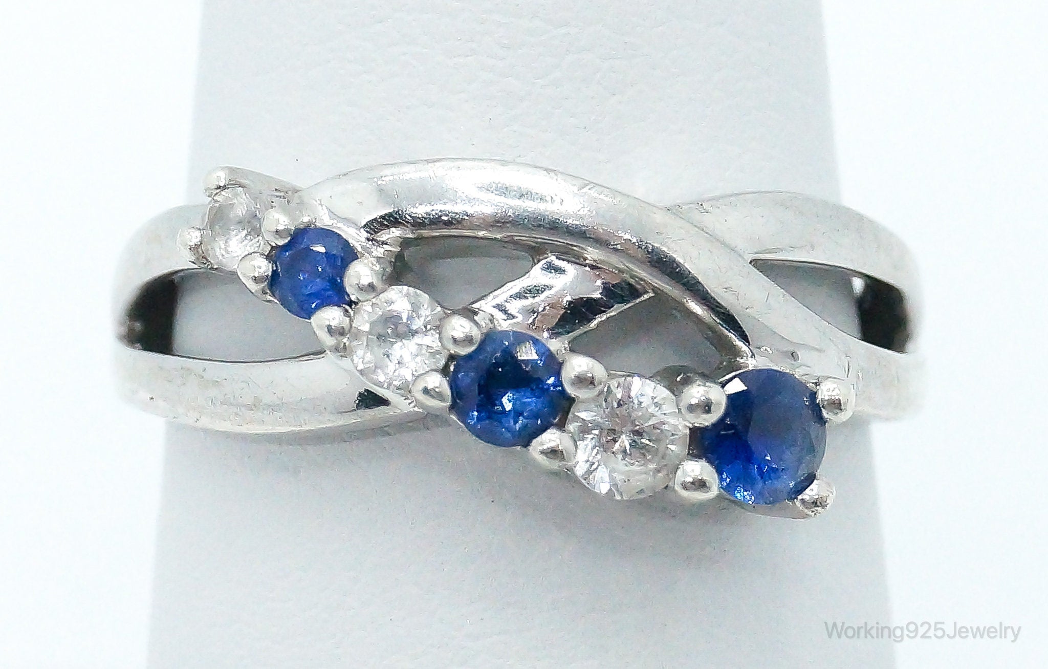 Vintage Lab Sapphire Cubic Zirconia Sterling Silver Ring - Size 7