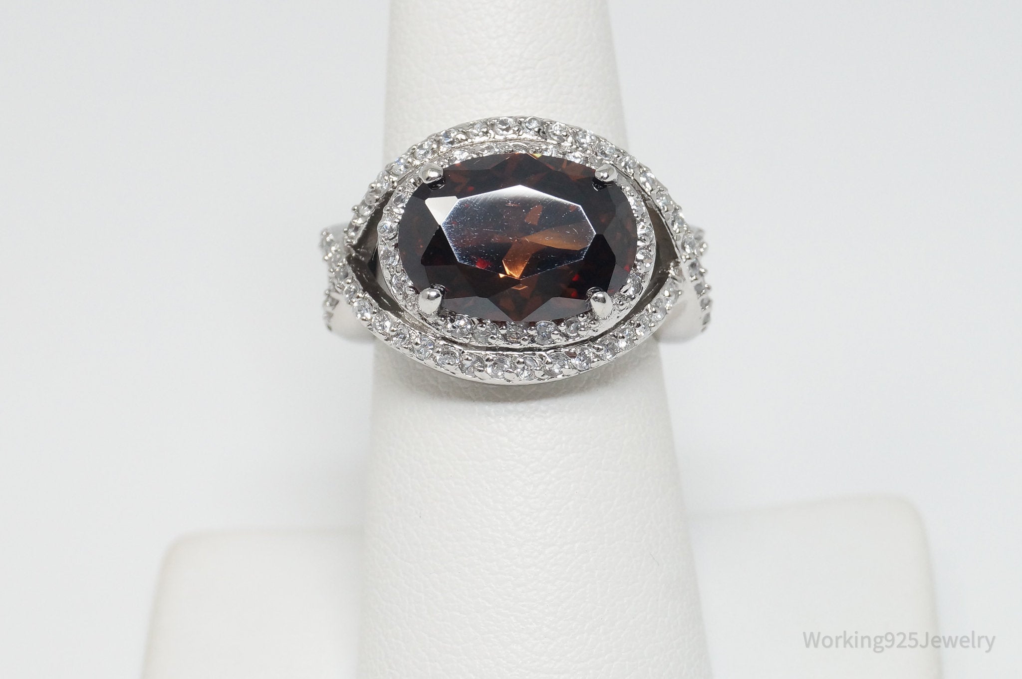 Vintage Designer Large Smoky Topaz CZ Sterling Silver Ring - Sz 7