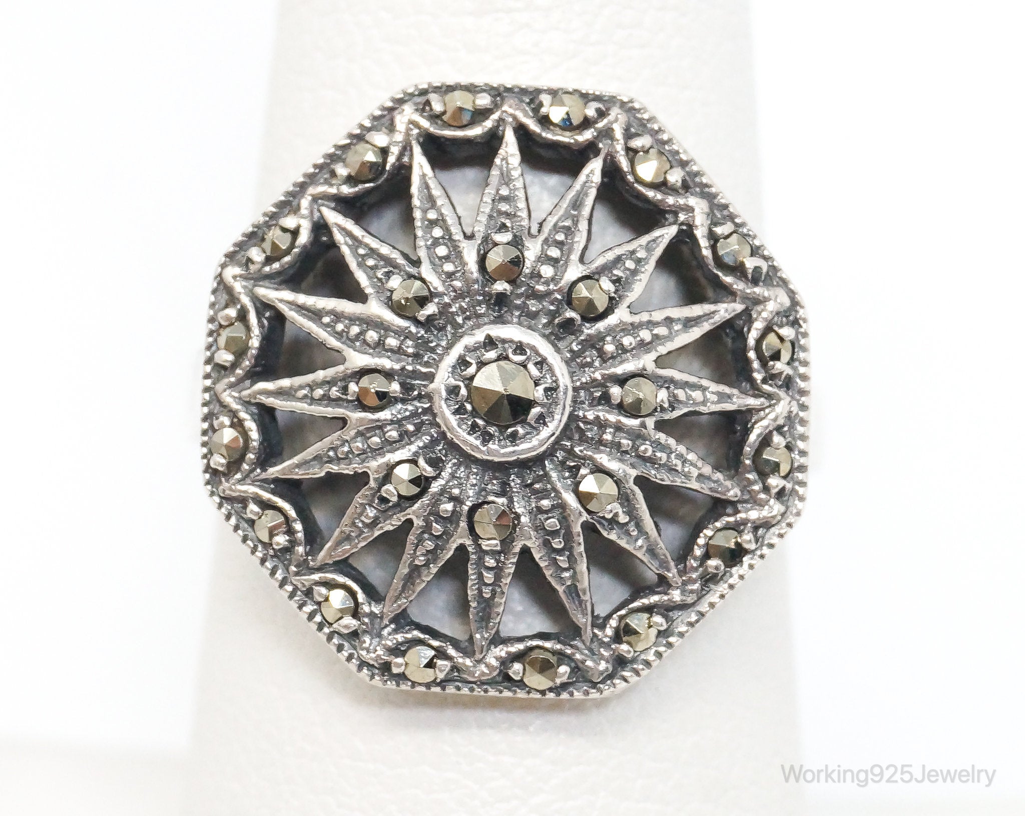 Vintage Designer Marcasite Art Deco Sterling Silver Ring - Size 7.25