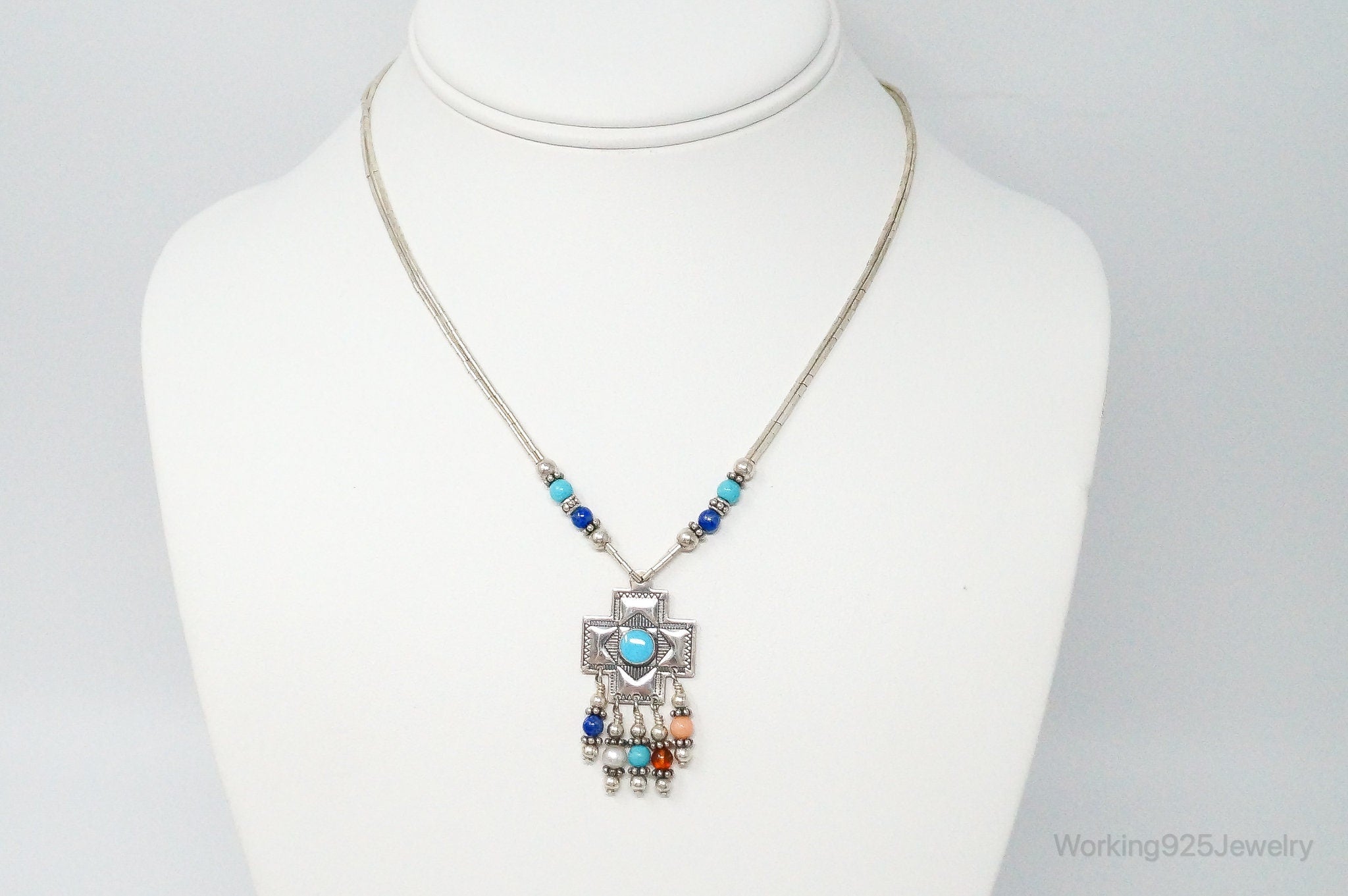 QT Turquoise Pendant On Carolyn Pollack Bead Sterling Silver Chain Necklace