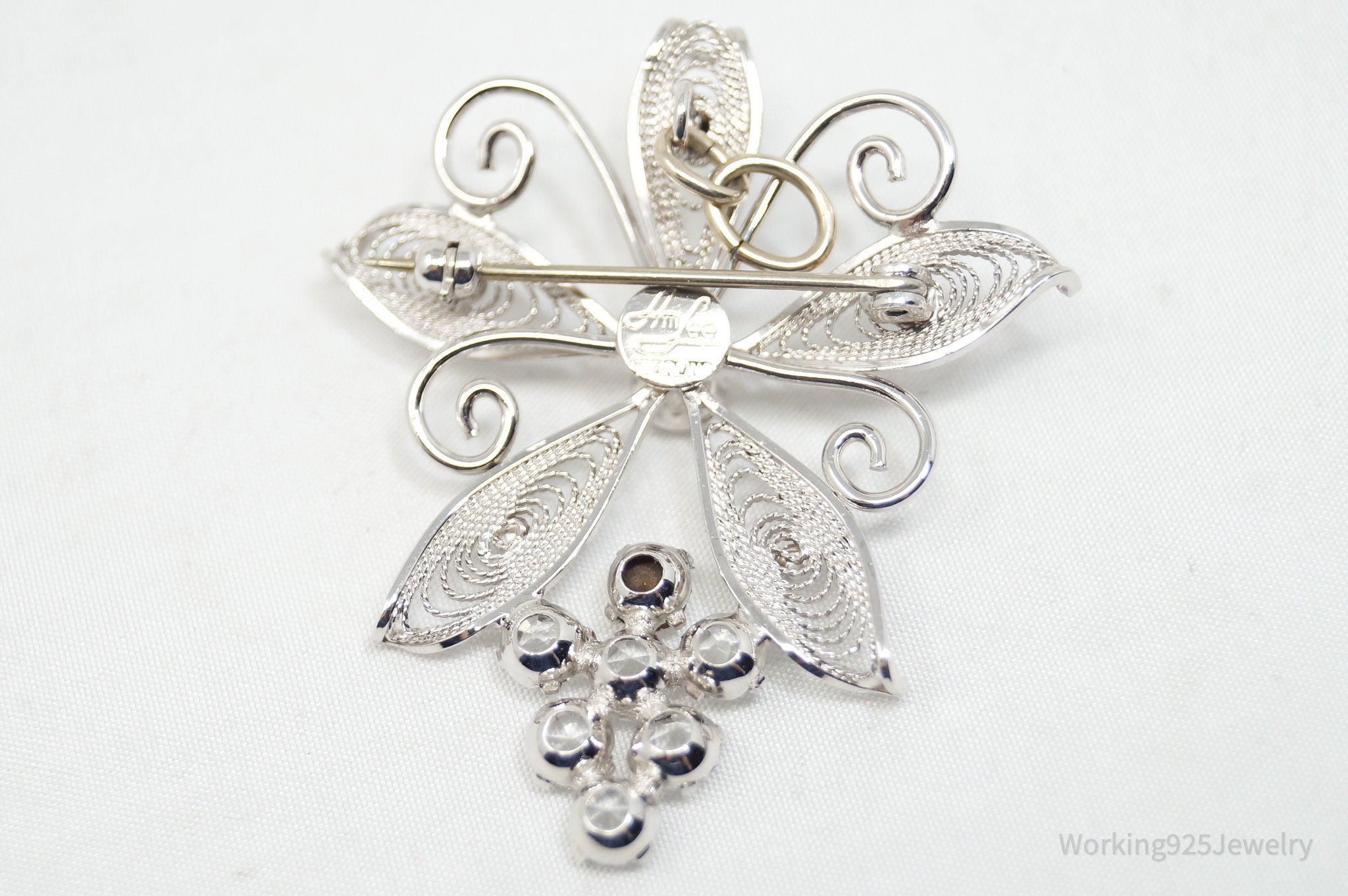 Large Vintage Designer Ann Lee Rhinestone Floral Sterling Silver Brooch Pendant