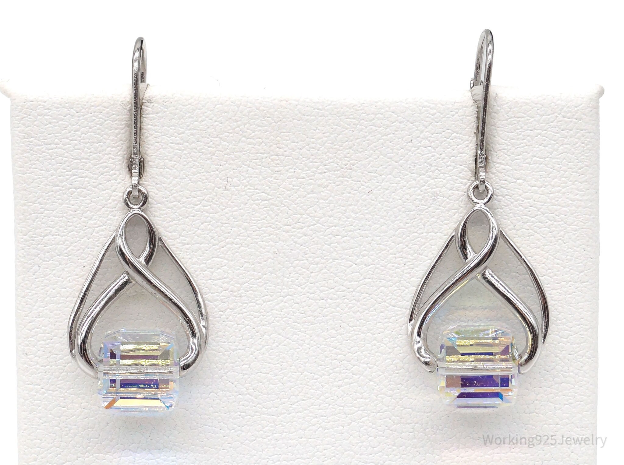 Vintage Designer FD Crystal Cube Prism Drop Dangle Sterling Silver Earrings