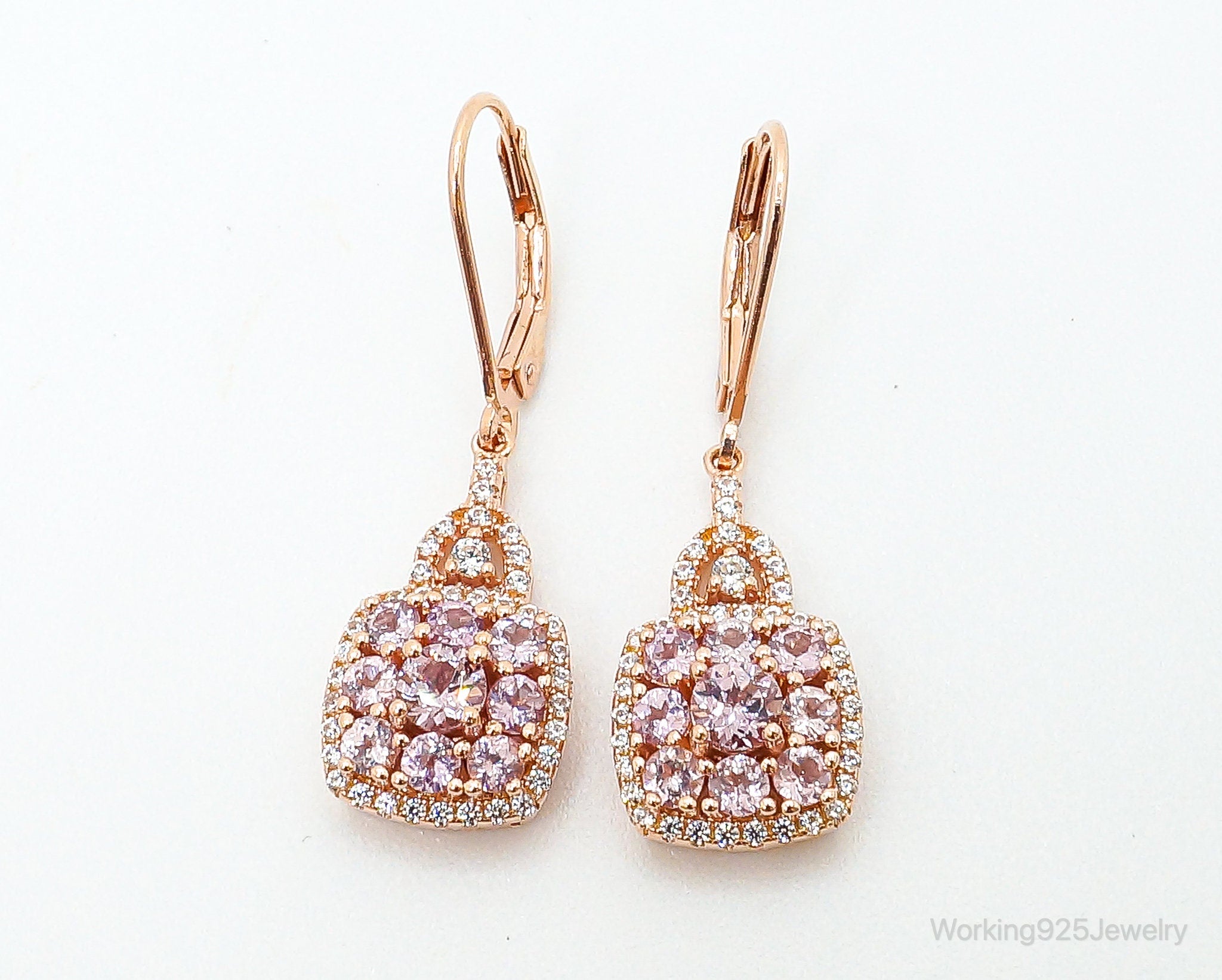 Designer DK Pink & White CZ Rose Gold Vermeil Sterling Silver Earrings