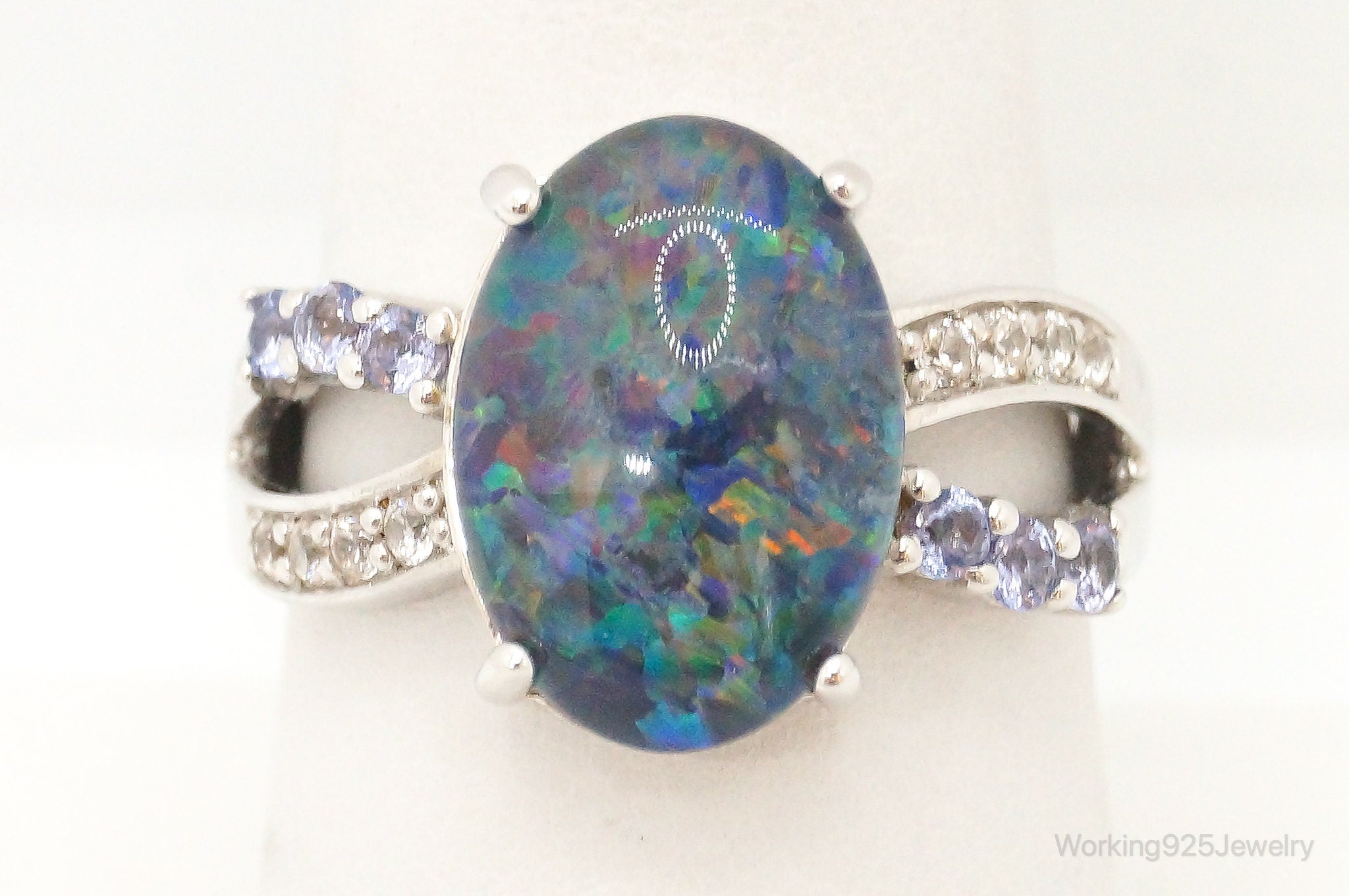 Designer BBJ Opal Iolite Cubic Zirconia Sterling Silver Ring Size 8