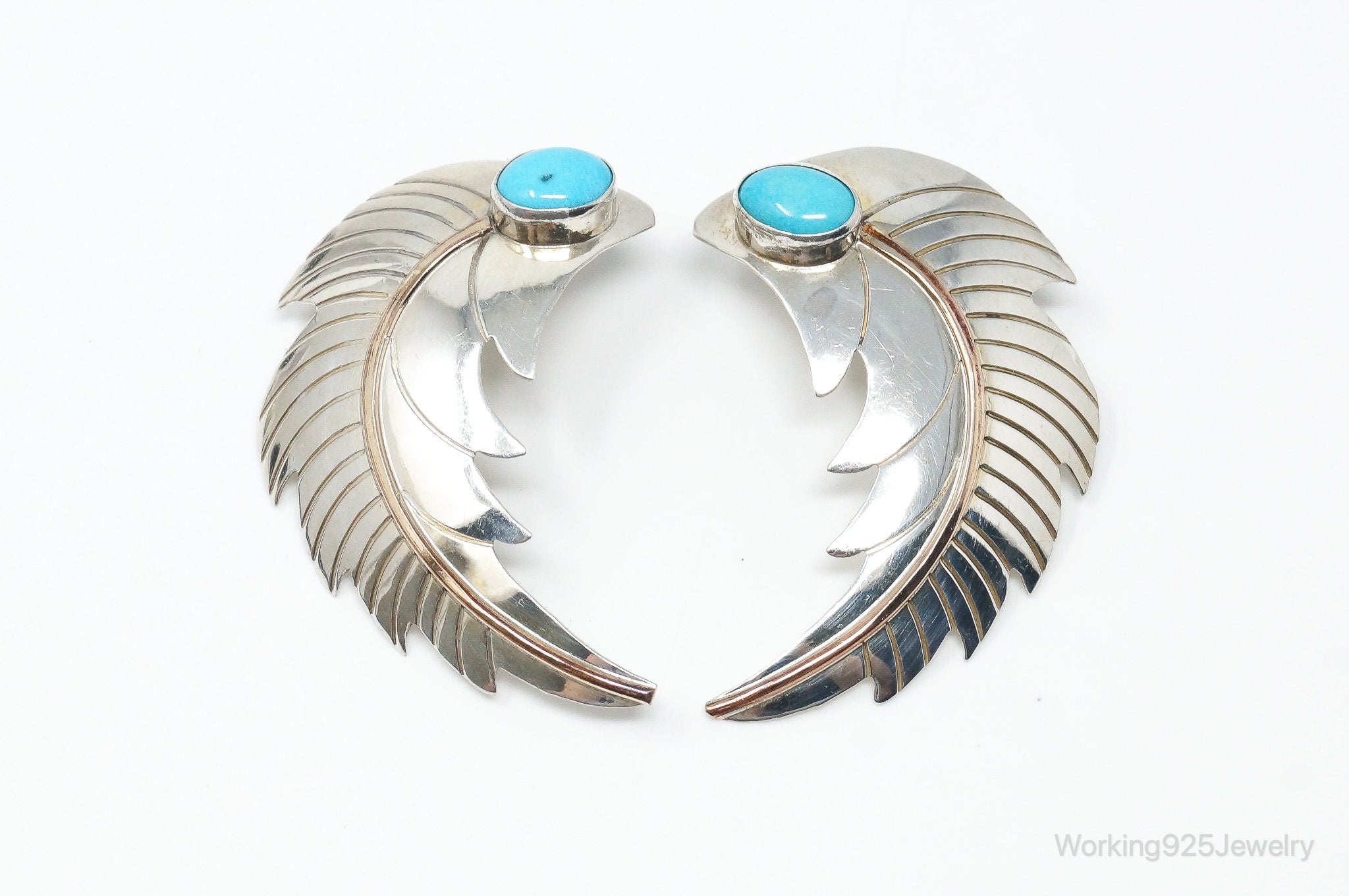 Large Vintage Native American Turquoise Feather Sterling Silver Earrings