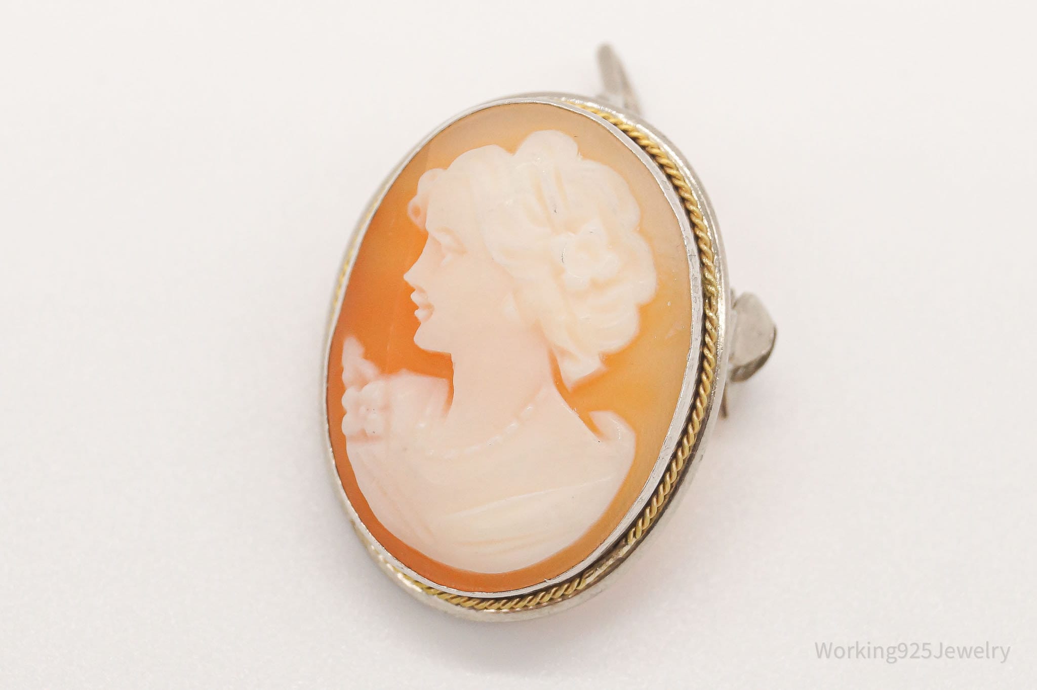 Antique Carved Shell Lady Cameo Brass Silver Pendant Pin