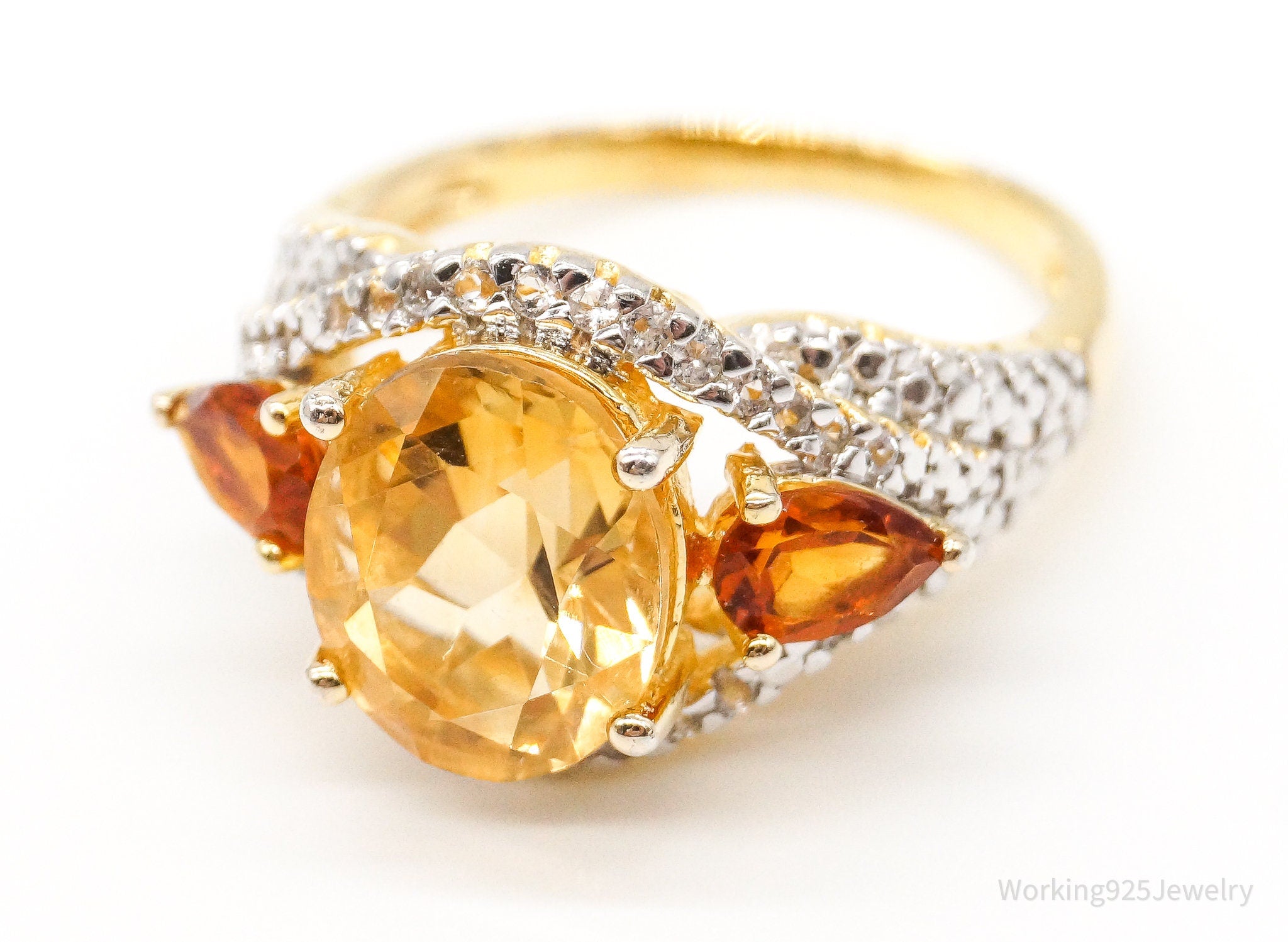 Designer Citrine Cubic Zirconia Gold Vermeil Sterling Silver Ring Size 8