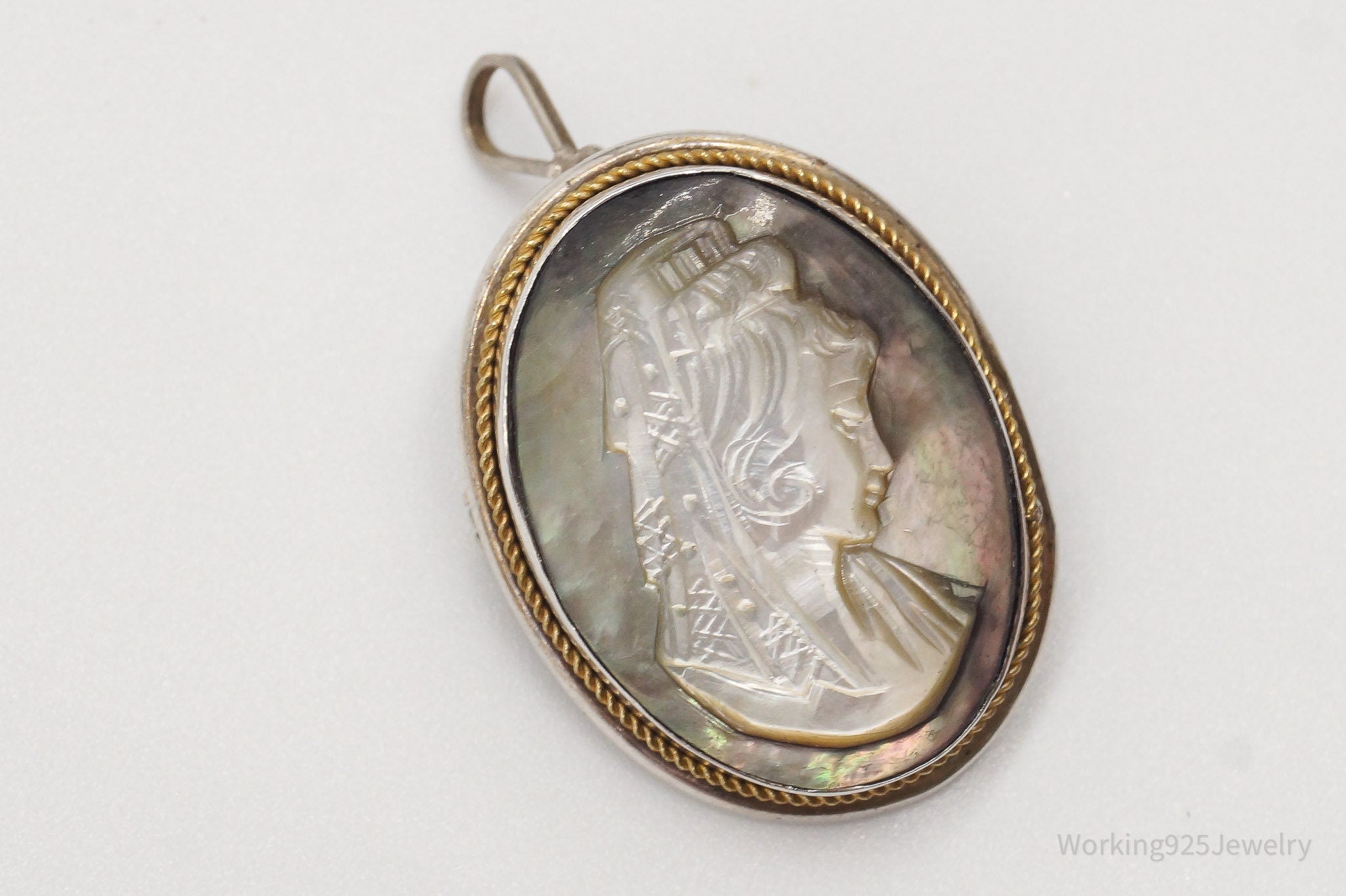 Antique Carved Abalone Shell Woman Cameo 800 Silver Pendant Brooch