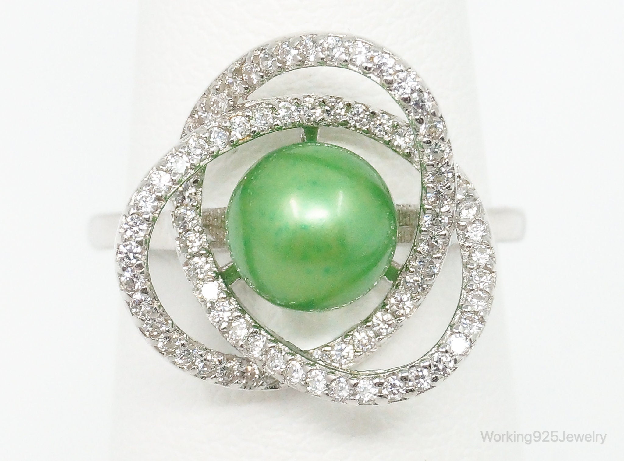 Lab Green Pearl Cubic Zirconia Sterling Silver Ring Size - 6.5 Adjustable