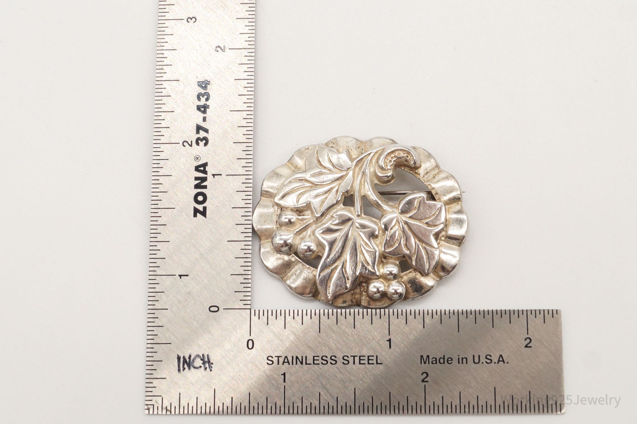 Antique Ivy & Berries Repousse Sterling Silver Pin Brooch