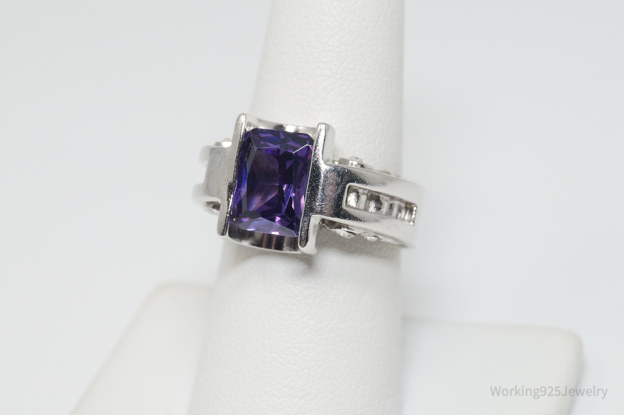 Vintage Art Deco Style Amethyst CZ Statement Ring Sterling Silver - Sz 9.25