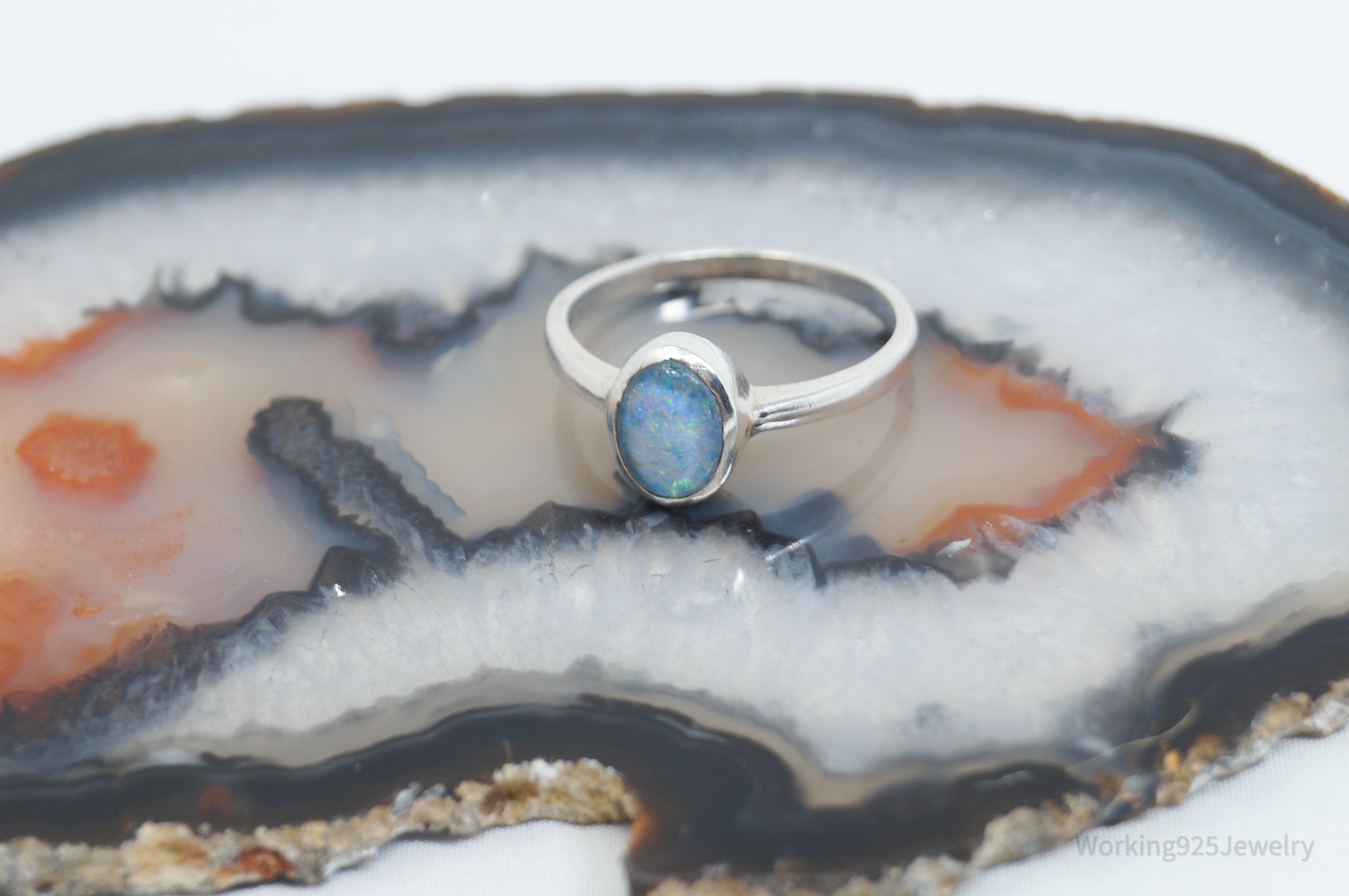 Vintage Designer GHCJ Blue Fire Opal Sterling Silver Ring - SZ 8.25