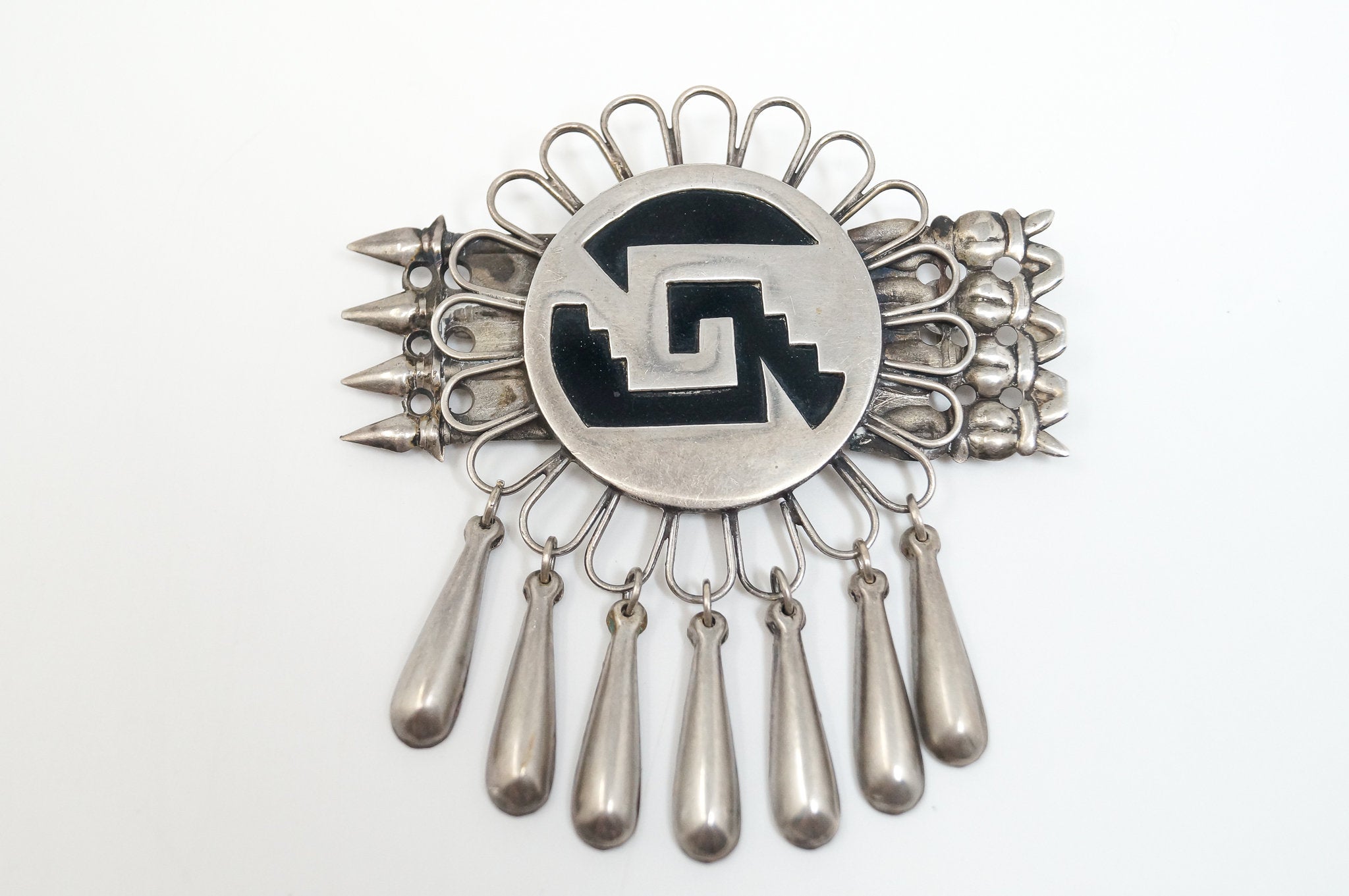 Large Vintage Mexico Handmade Aztec Dangle Silver Brooch Pin